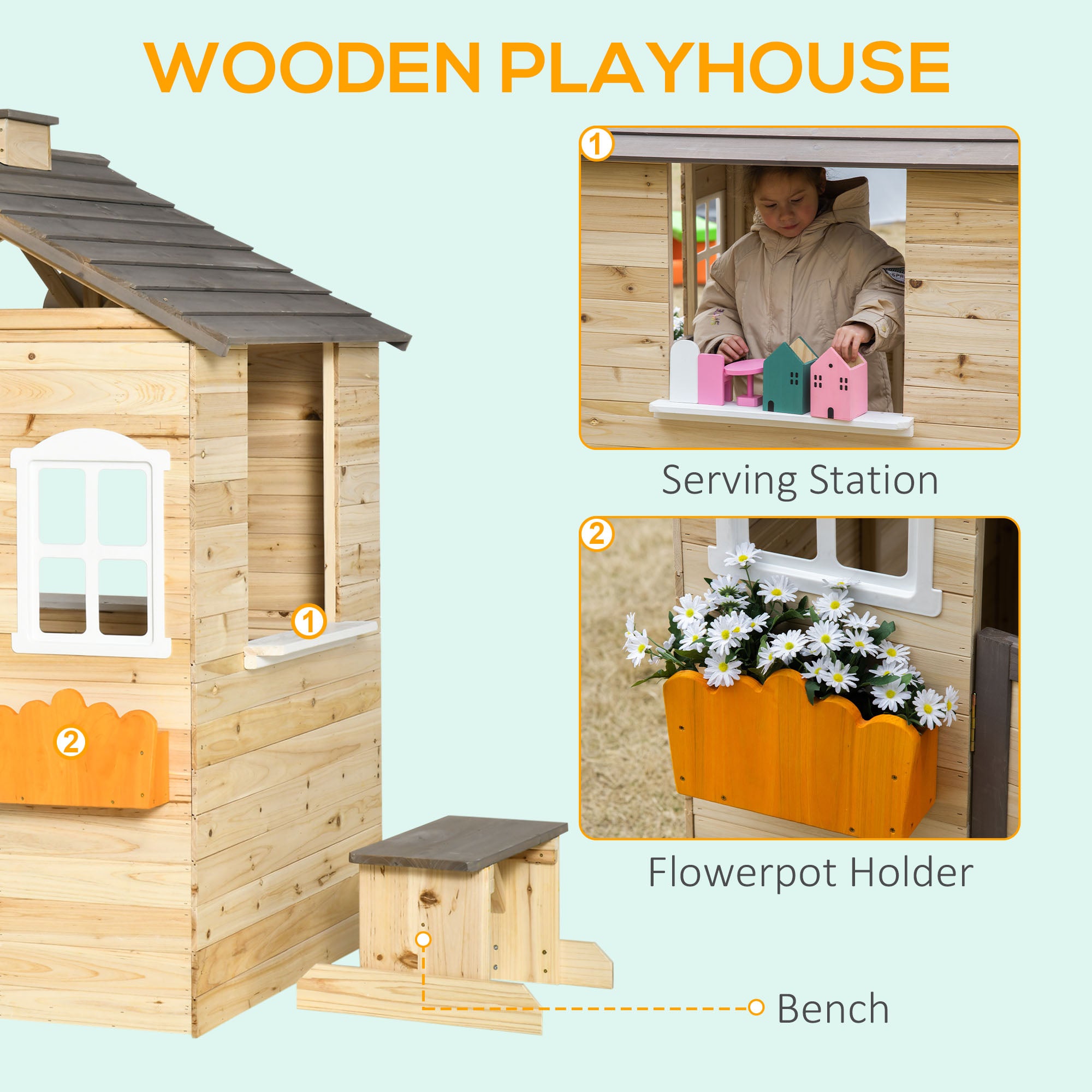 Outsunny Wooden Playhouse for Kids Outdoor Wendy House with Door, windows, Bench, Service Stations, Flowerpot Holder, For Ages 3-7 Years - anydaydirect