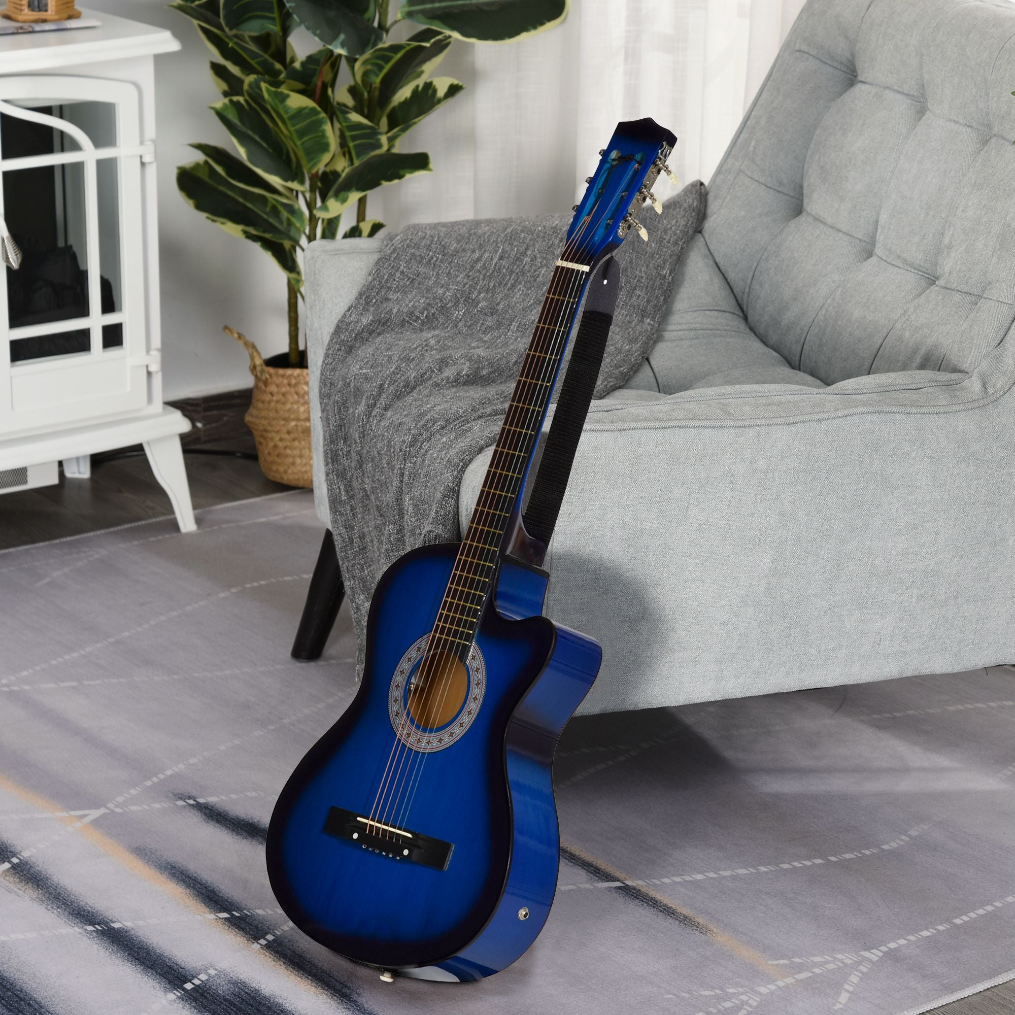 HOMCOM 38 Inch Full Size Blue Classical Acoustic Electric Guitar Kids Guitar and Junior Guitar   Premium Gloss Finish w/Case - Blue - anydaydirect