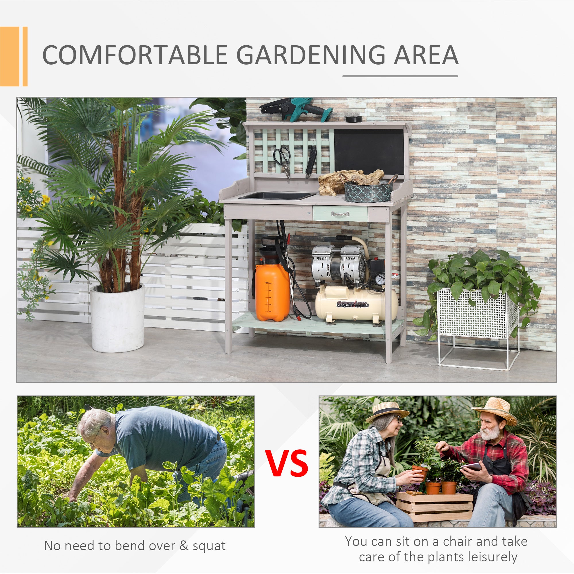 HOMCOM Garden Potting Table with Sink, Blackboard and Drawer, Wooden Planting Work Bench Workstation Outdoor Tool Storage Shelves - anydaydirect