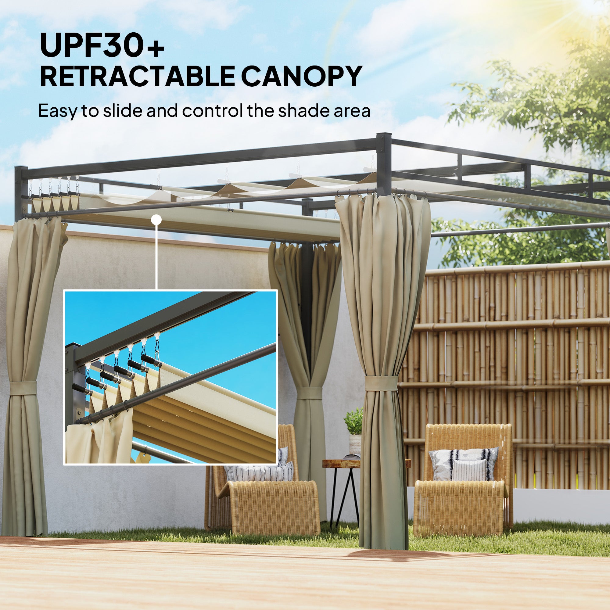 Outsunny 3 x 3 m Pergola with Retractable Roof Canopy and Curtains, UPF30+ Metal Frame Garden Pergola Gazebo Sun Shade, Khaki - anydaydirect