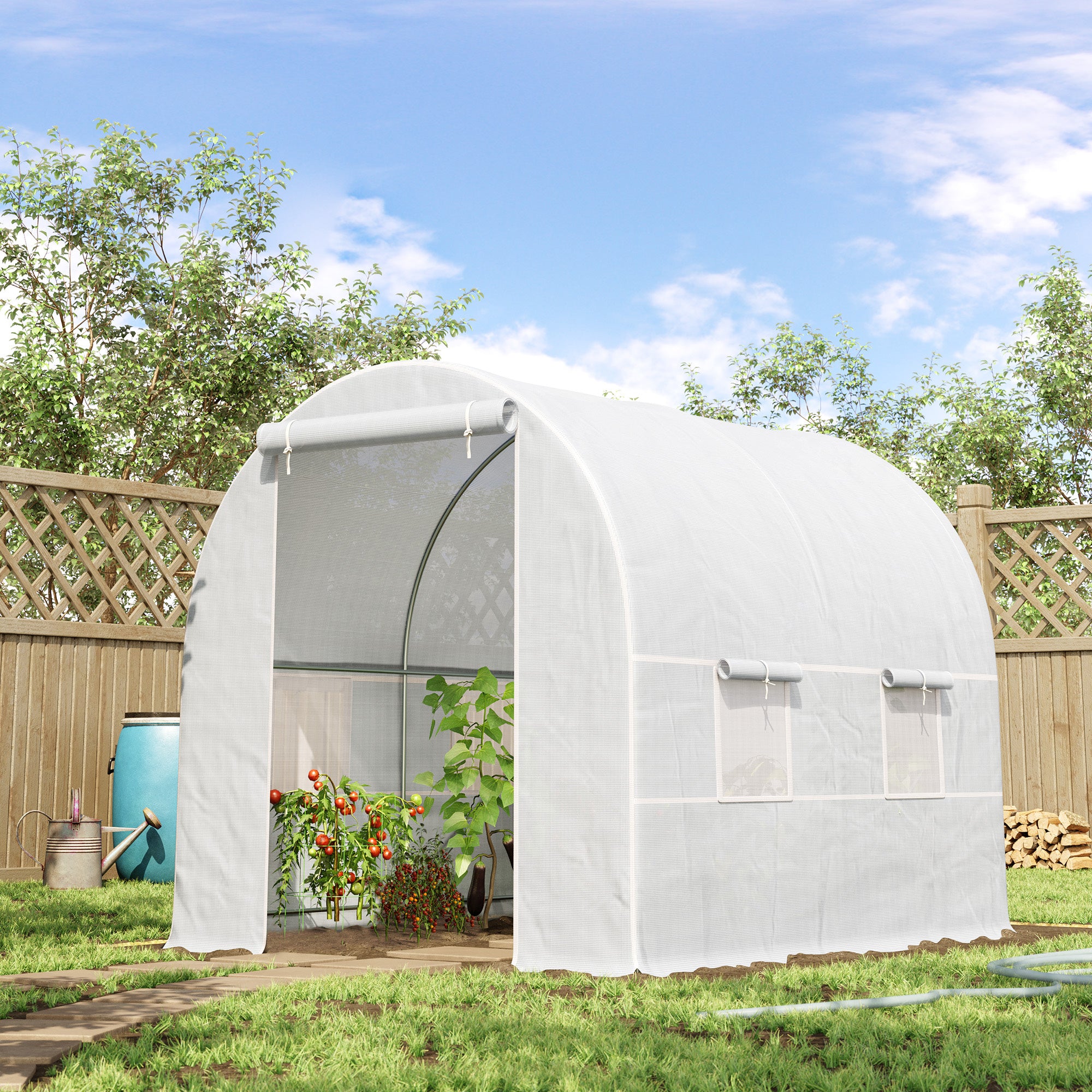 Outsunny 2.5 x 2 x 2 m Polytunnel Greenhouse, Walk-in Green House for Garden with Mesh Windows, Galvanised Steel Frame, White - anydaydirect