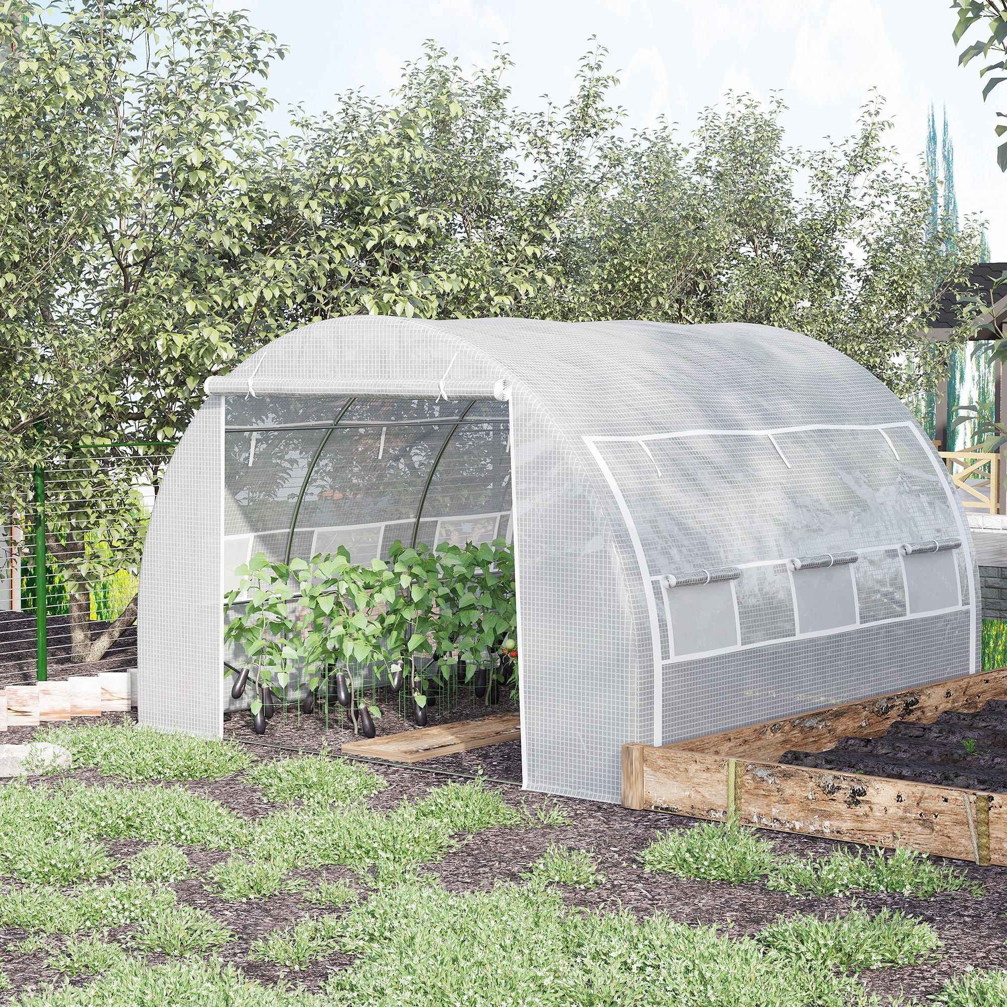 Outsunny 3 x 3 x 2 m Polytunnel Greenhouse with Roll-up Side Walls, Walk-in Grow House Tent with Steel Frame, Reinforced Cover, Zipped Door and 6 Mesh Windows for Garden, White - anydaydirect