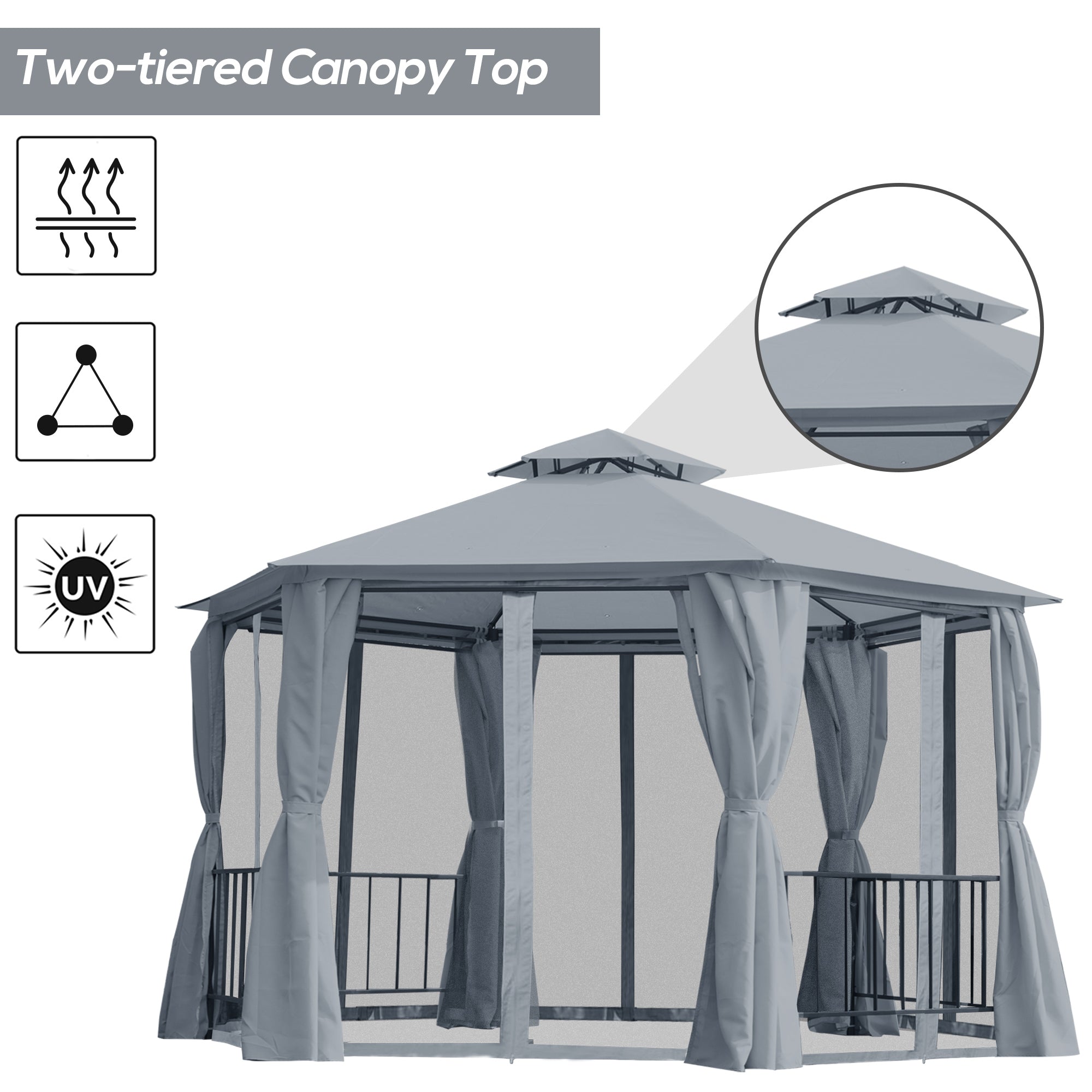 Outsunny 3 x 3(m) Hexagon Gazebo Patio Canopy Party Tent Outdoor Garden Shelter w/ 2 Tier Roof & Side Panel - Grey - anydaydirect