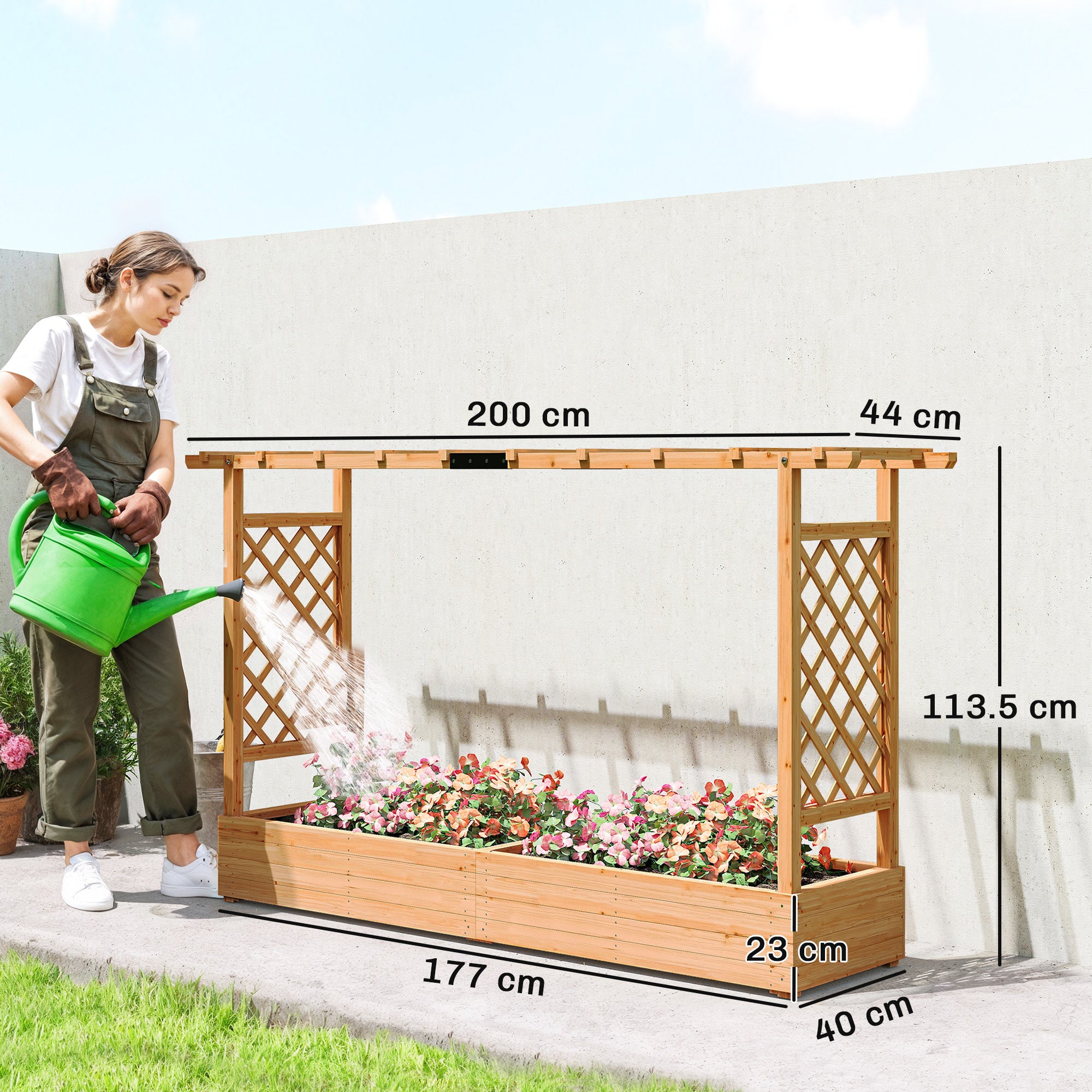 Outsunny Raised Planter with Trellis, Wooden Raised Bed for Garden with Hanging Roof and Drainage Holes, Outdoor Planter Box - anydaydirect