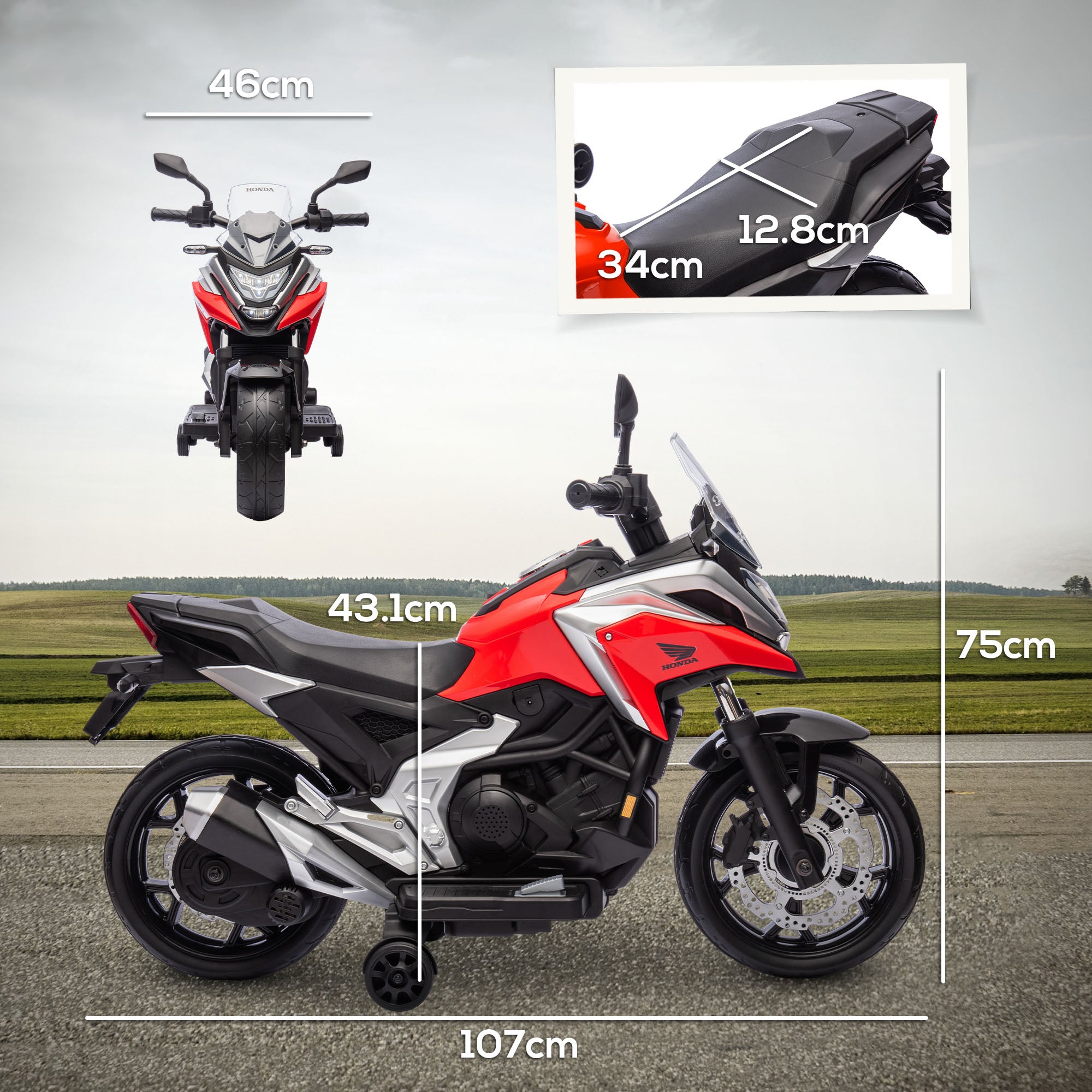 AIYAPLAY 12V Honda Licensed Kids Electric Motorbike w/ Music, Headlights, Early Education Function, for 3-6 Years - Red - anydaydirect