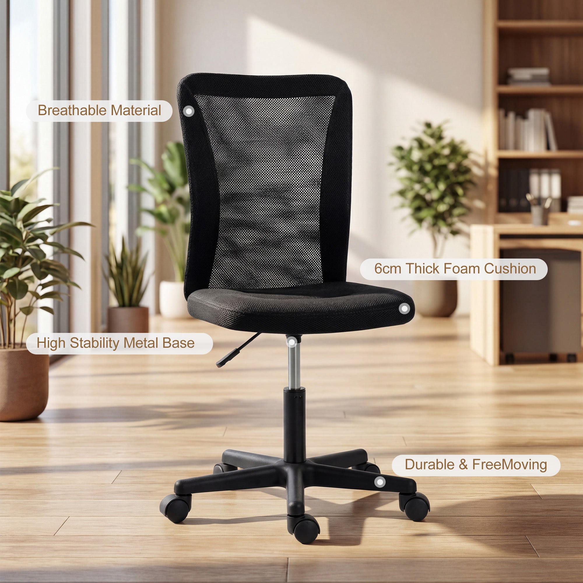 Vinsetto Computer Desk Chair, Armless Mesh Office Chair with Adjustable Height and Rolling Wheels, Black - anydaydirect
