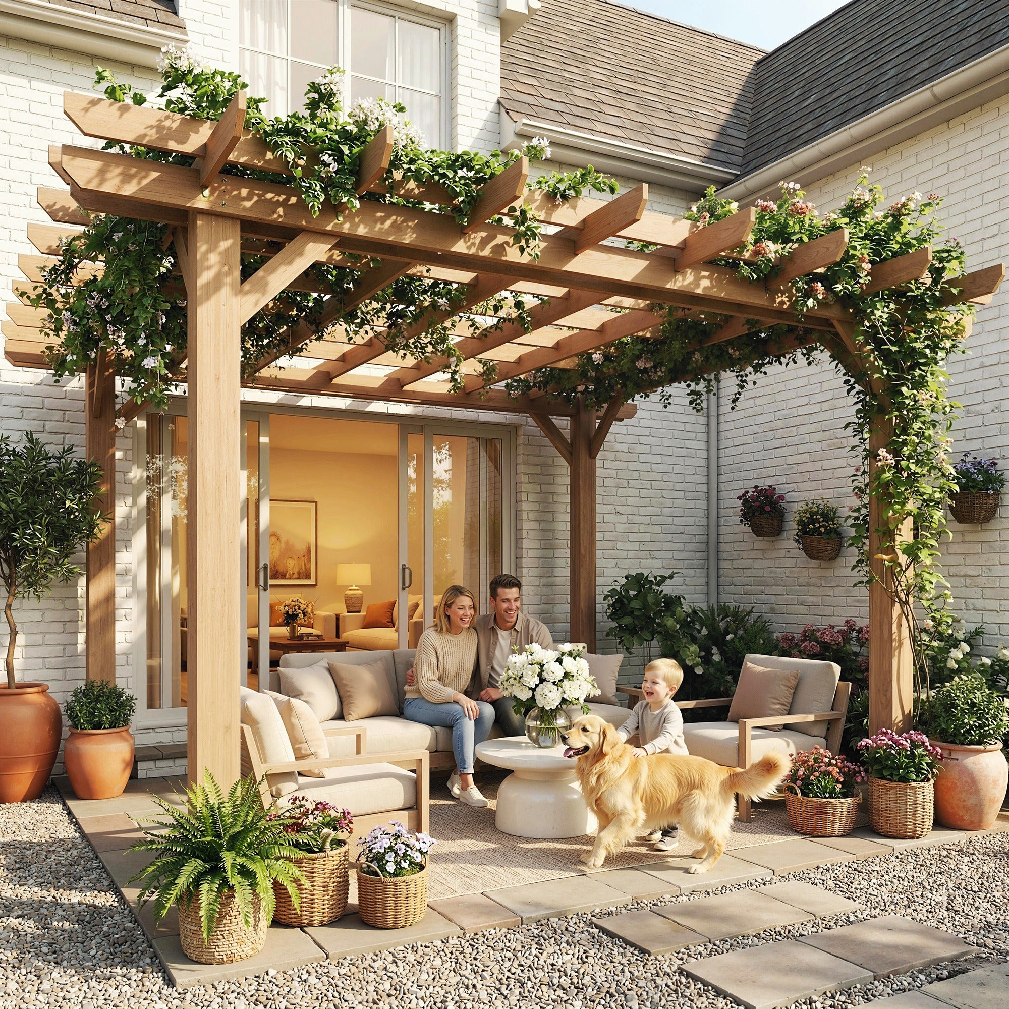 Outsunny Graden Pergola Kit, Wooden Pergola Gazebo Grape Trellis with Stable Structure, 3.6 x 3.6m, Dark Brown - anydaydirect