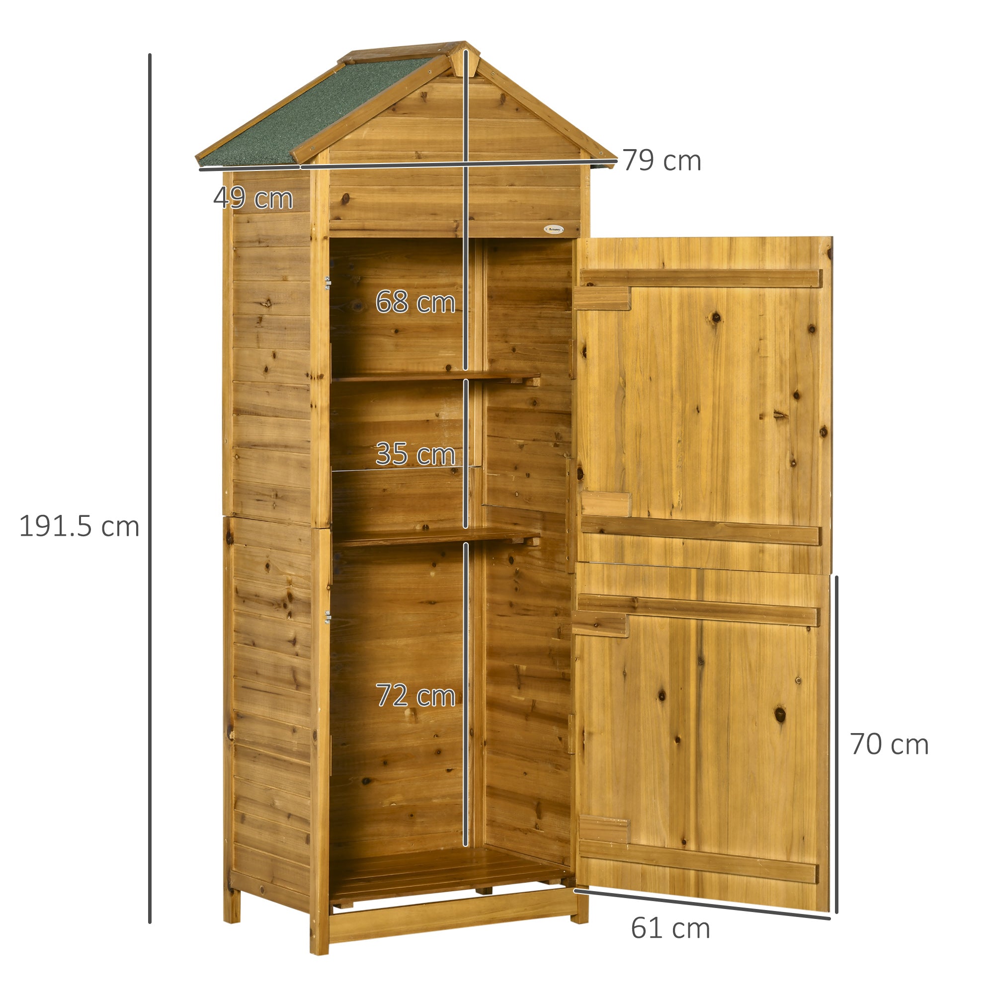 Outsunny Wooden Garden Storage Shed Utility Gardener Cabinet w/ 3 Shelves and 2 Door, 191.5cm x 79cm x 49cm, Natural Wood Effect - anydaydirect
