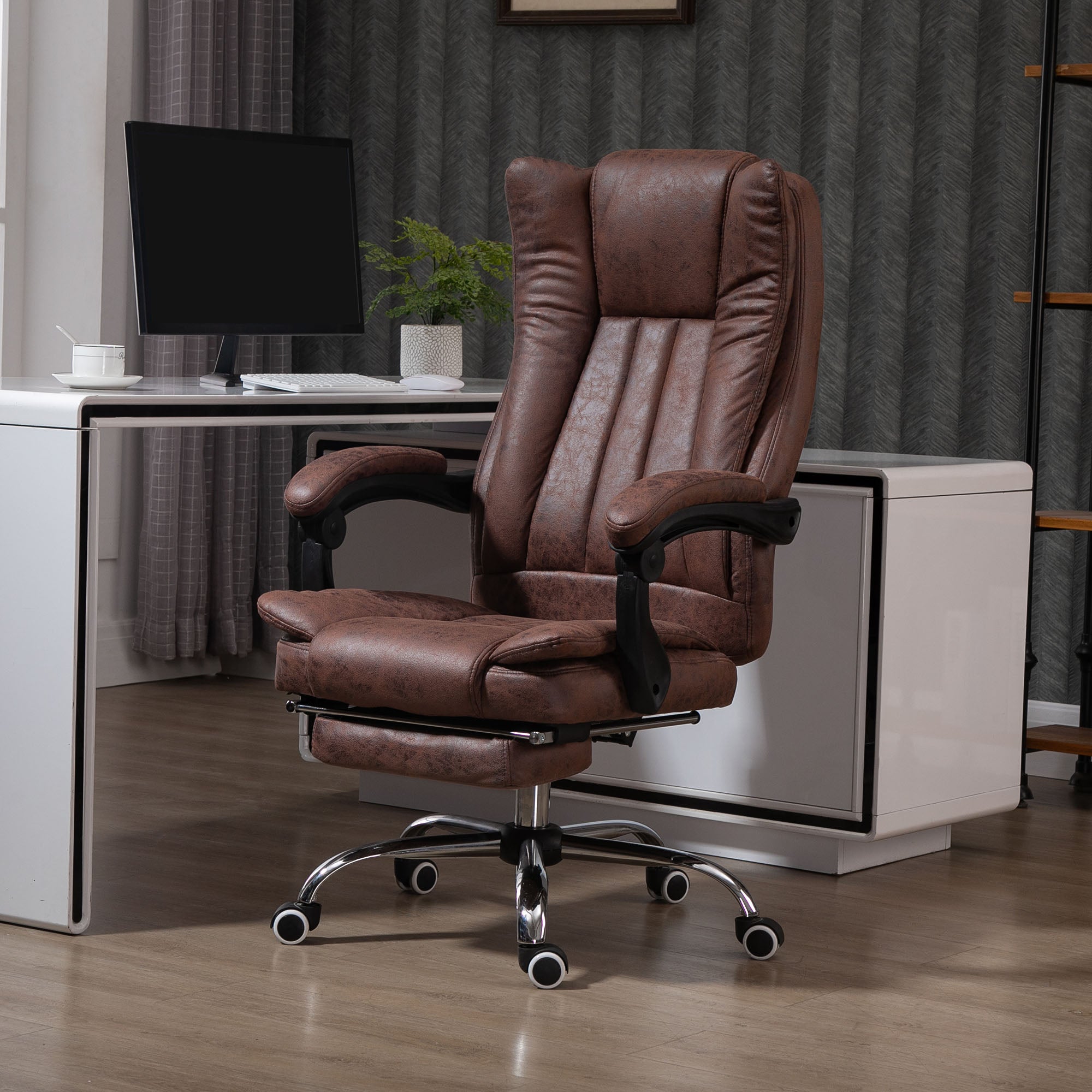 Vinsetto Home Office Chair Microfibre Desk Chair with Reclining Function Armrests Swivel Wheels Footrest Brown - anydaydirect