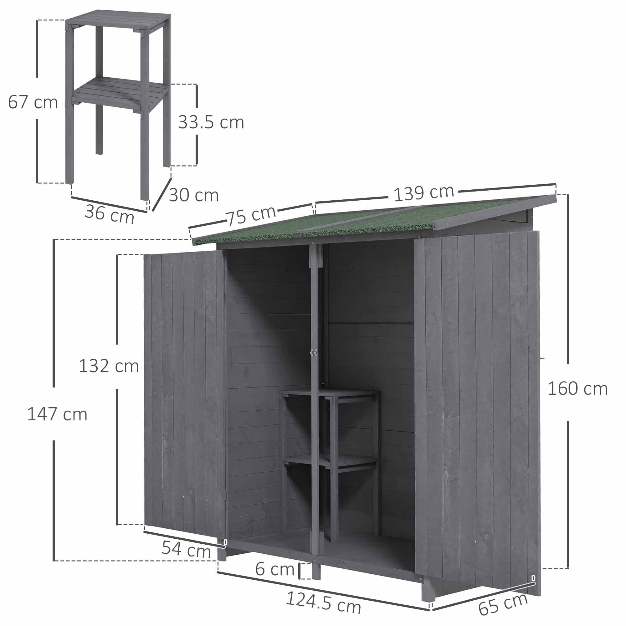 Outsunny Wooden Garden Storage Shed Lockable Tool Cabinet Organizer w/ Storage Table, Double Door, 139 x 75 x 160 cm, Grey - anydaydirect