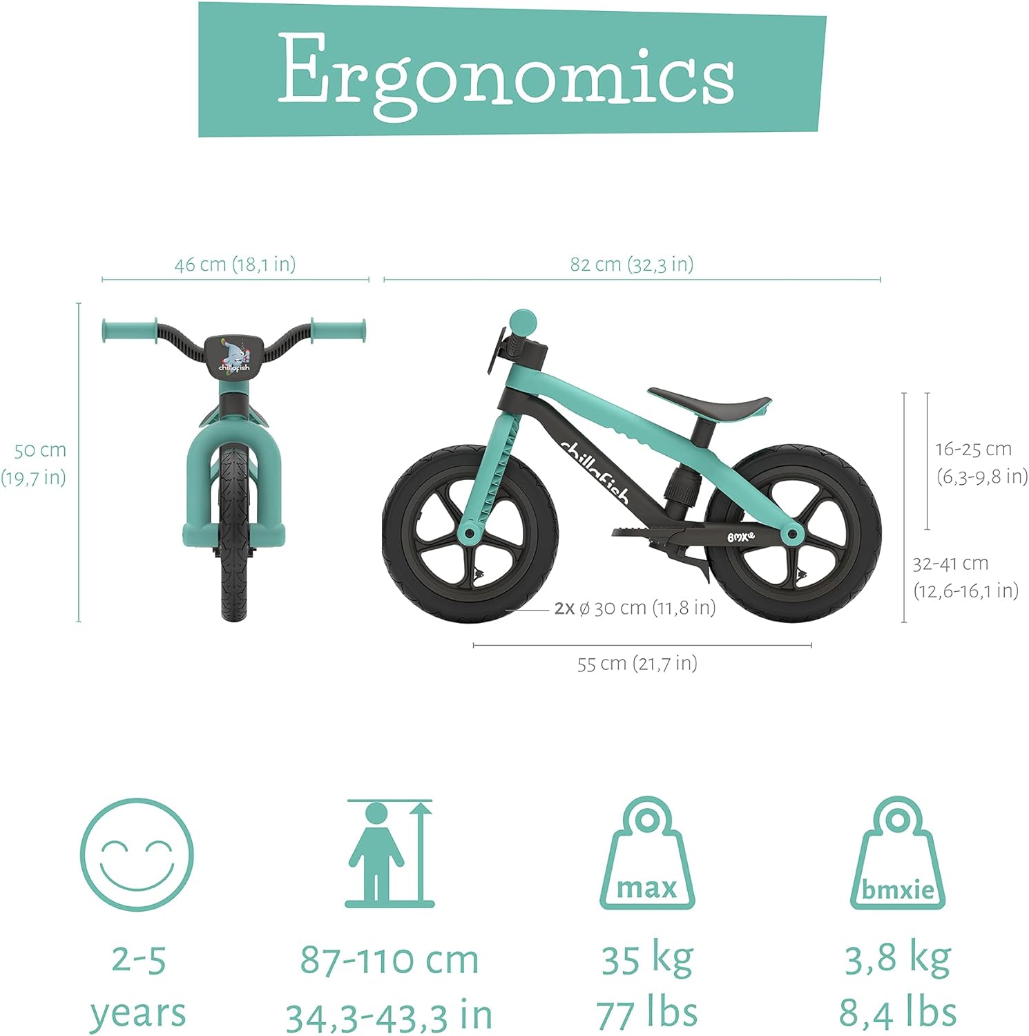 Chillafish Bmxie 2 lightweight balance bike with integrated footrest and footbrake, for kids 2 to 5 years, 12" inch airless rubberskin tires, adjustable seat without tools, Mint - anydaydirect