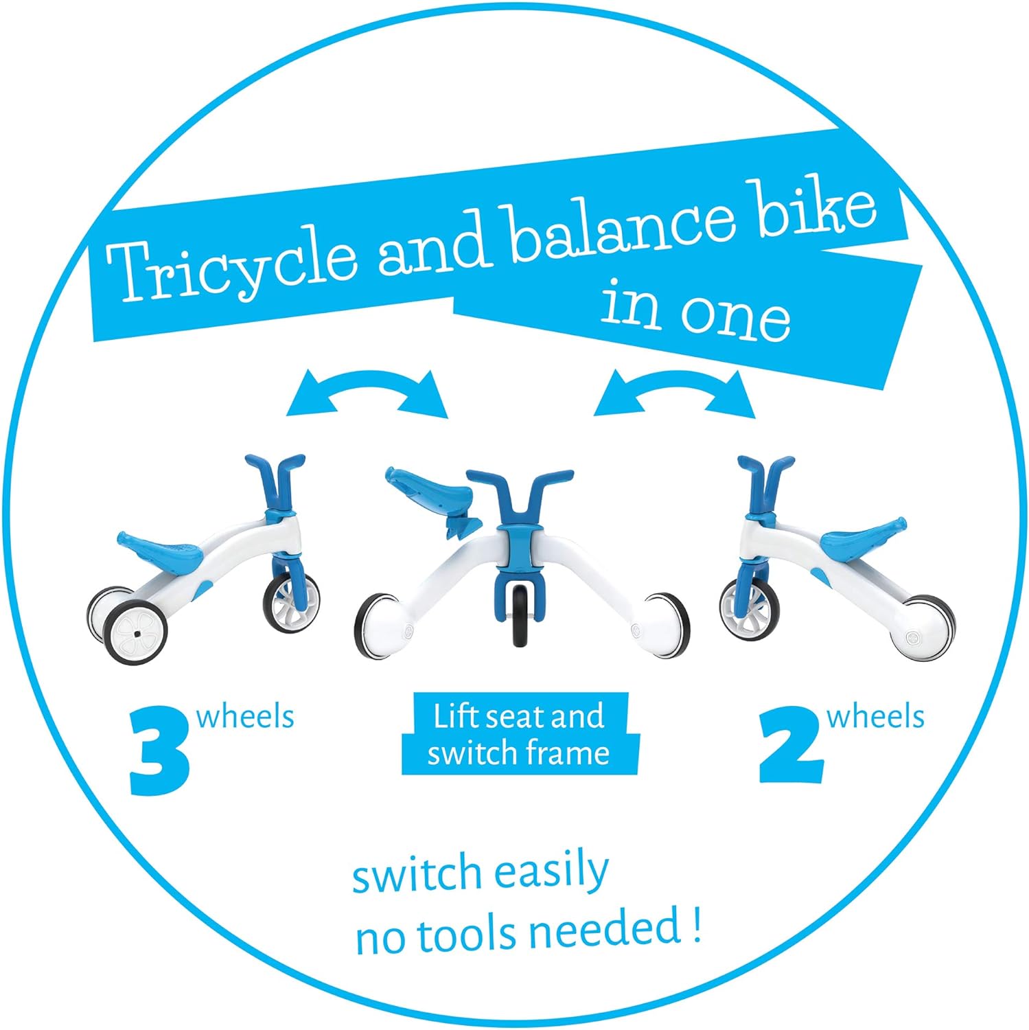 Chillafish Bunzi gradual balance bike and tricycle, 2-in-1 ride on toy for 1-3 year old, combines toddler tricycle and adjustable lightweight balance bike in one, silent non-marking wheels, Blue - anydaydirect