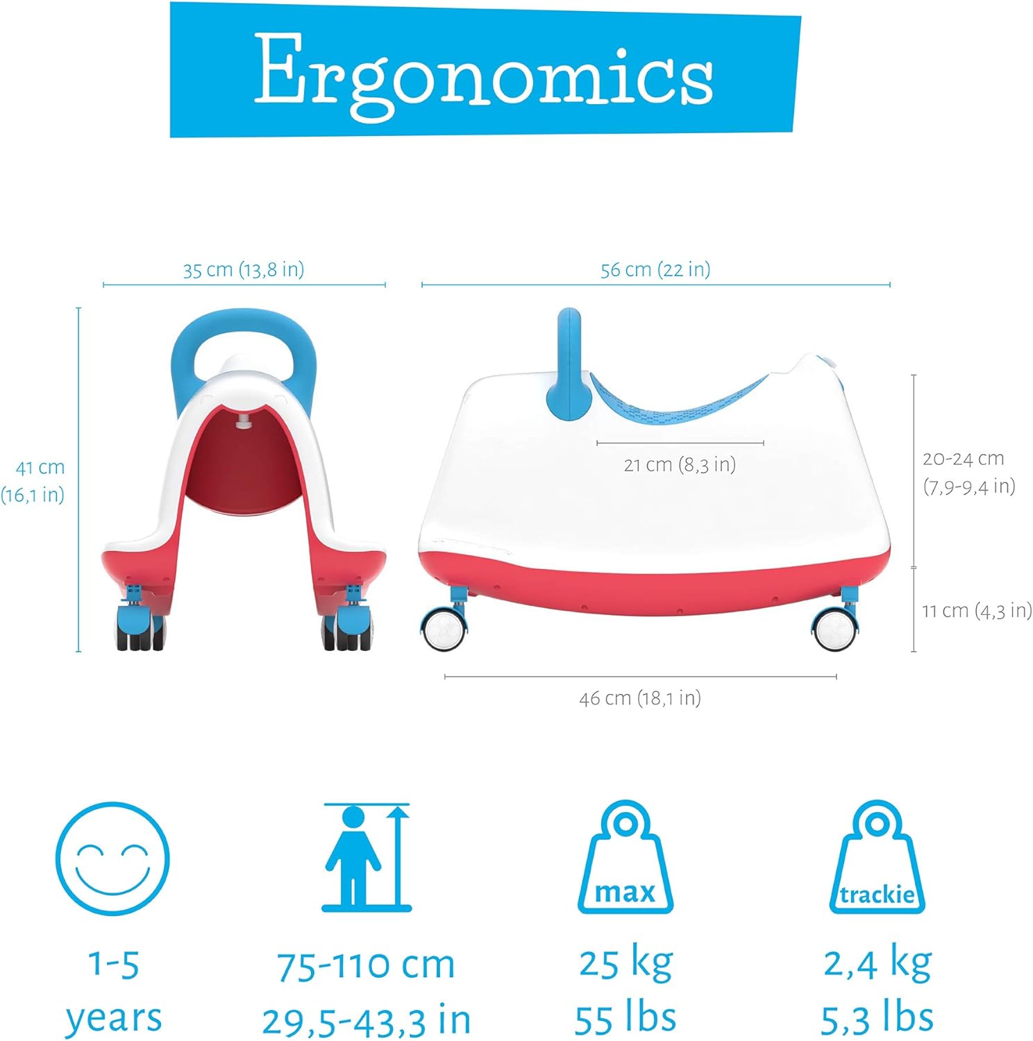 Chillafish Trackie 4-in-1 Rocker, Walker, Ride-on & Play Train, for Kids 1-5 Years, with Adjustable seat Height, Silent Non-Marking 360° Swivel Wheels, Blue Red - anydaydirect