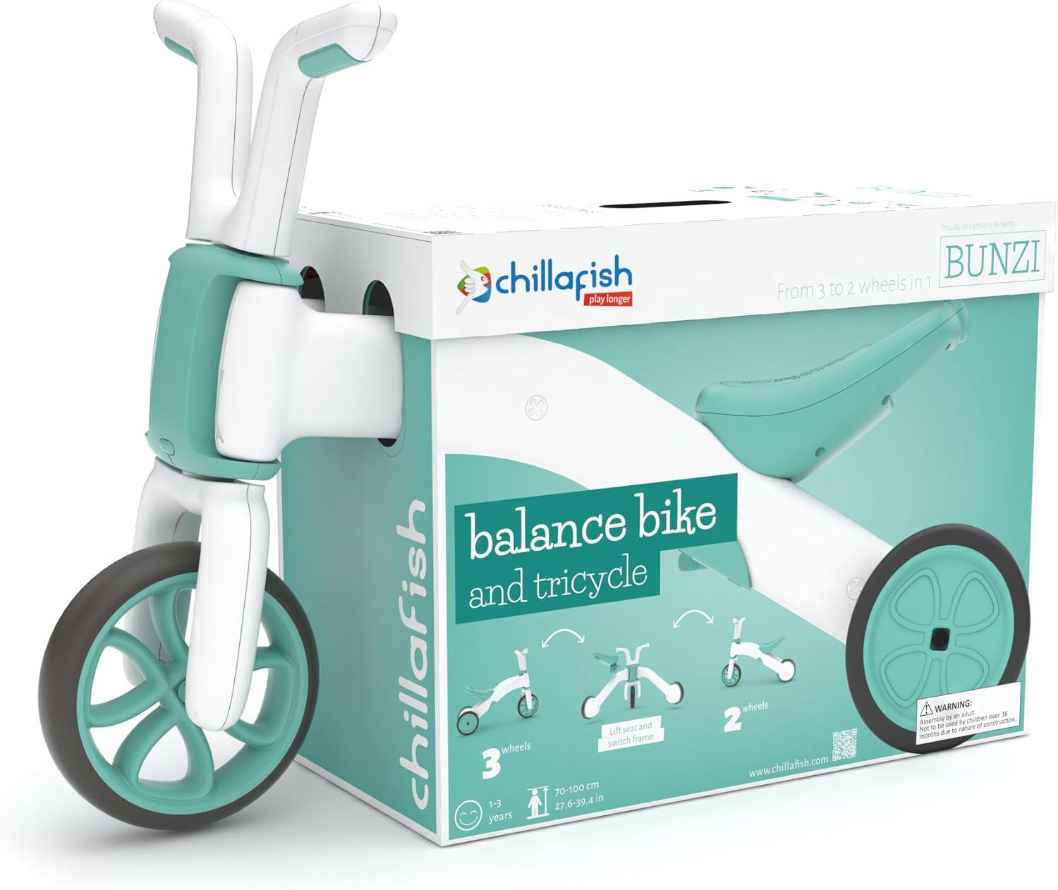 Chillafish Bunzi gradual balance bike and tricycle, 2-in-1 ride on toy for 1-3 year old, combines toddler tricycle and adjustable lightweight balance bike in one, silent non-marking wheels, Mint - anydaydirect