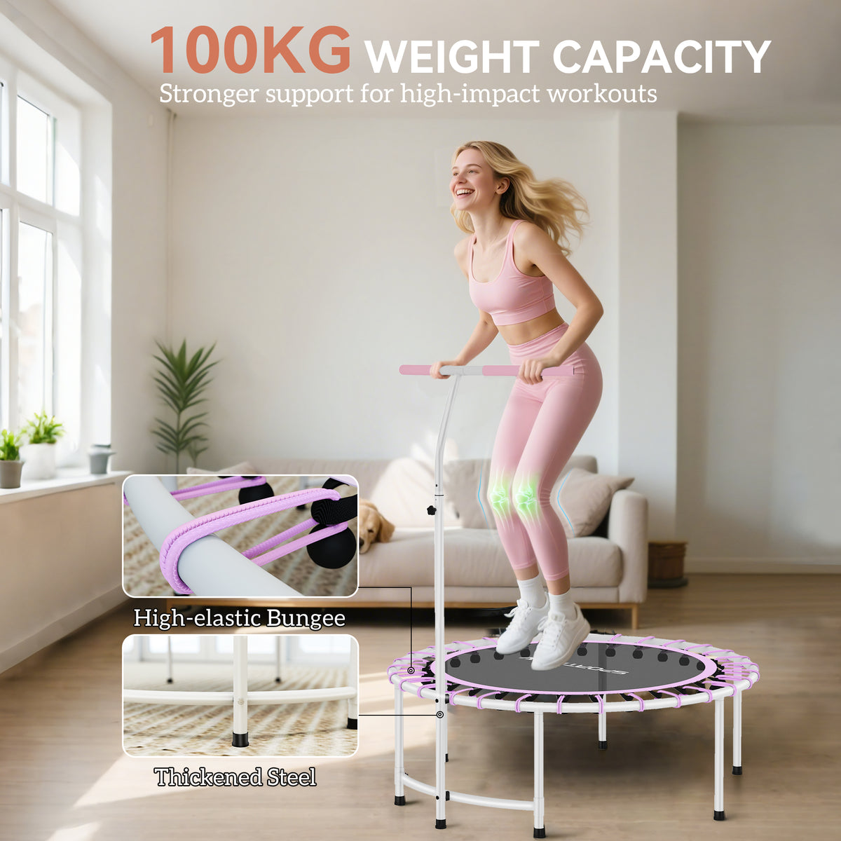 SPORTNOW 40" Fitness Trampoline, Mini Rebounder Trampoline for Adults with 5-Level Adjustable Handle, Indoor Exercise Bungee Rebounder, Max Load 100KG, Purple - anydaydirect