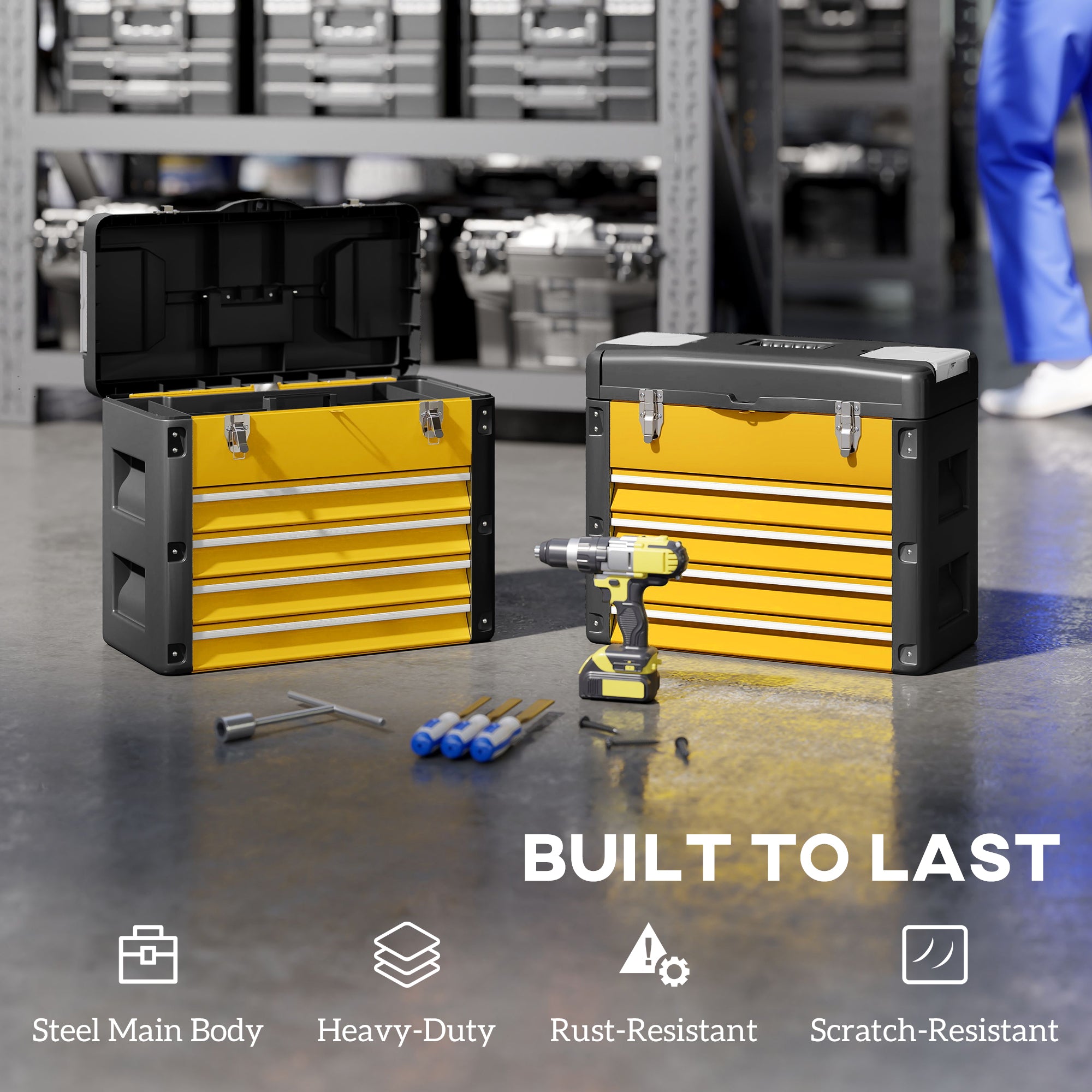 HOMCOM 4 Drawers Large Toolbox - Yellow - anydaydirect