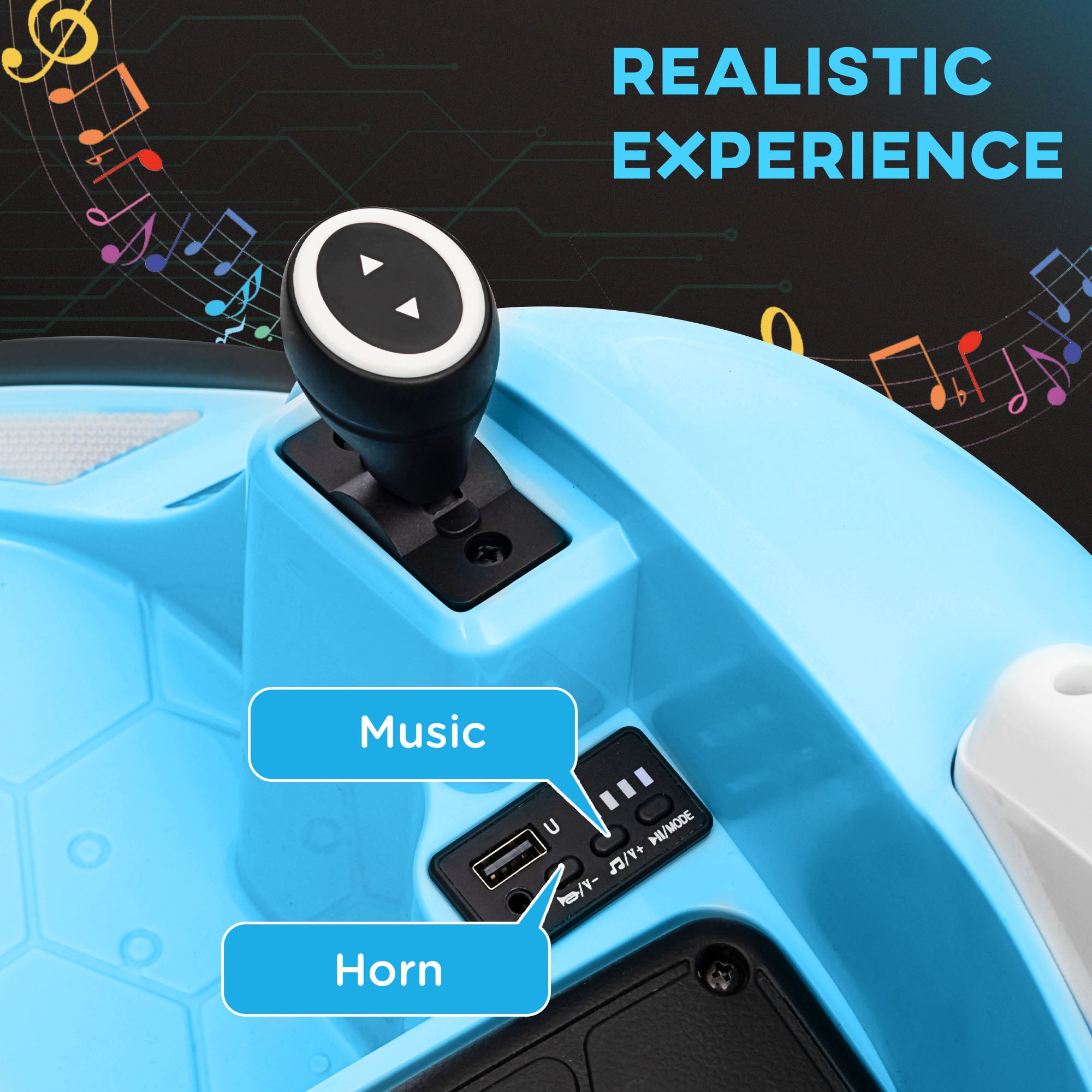 AIYAPLAY 360° Rotation Kids Bumper Car, 12V Waltzer Car with Remote Control, Dual Joysticks, Music Lights - Light Blue - anydaydirect