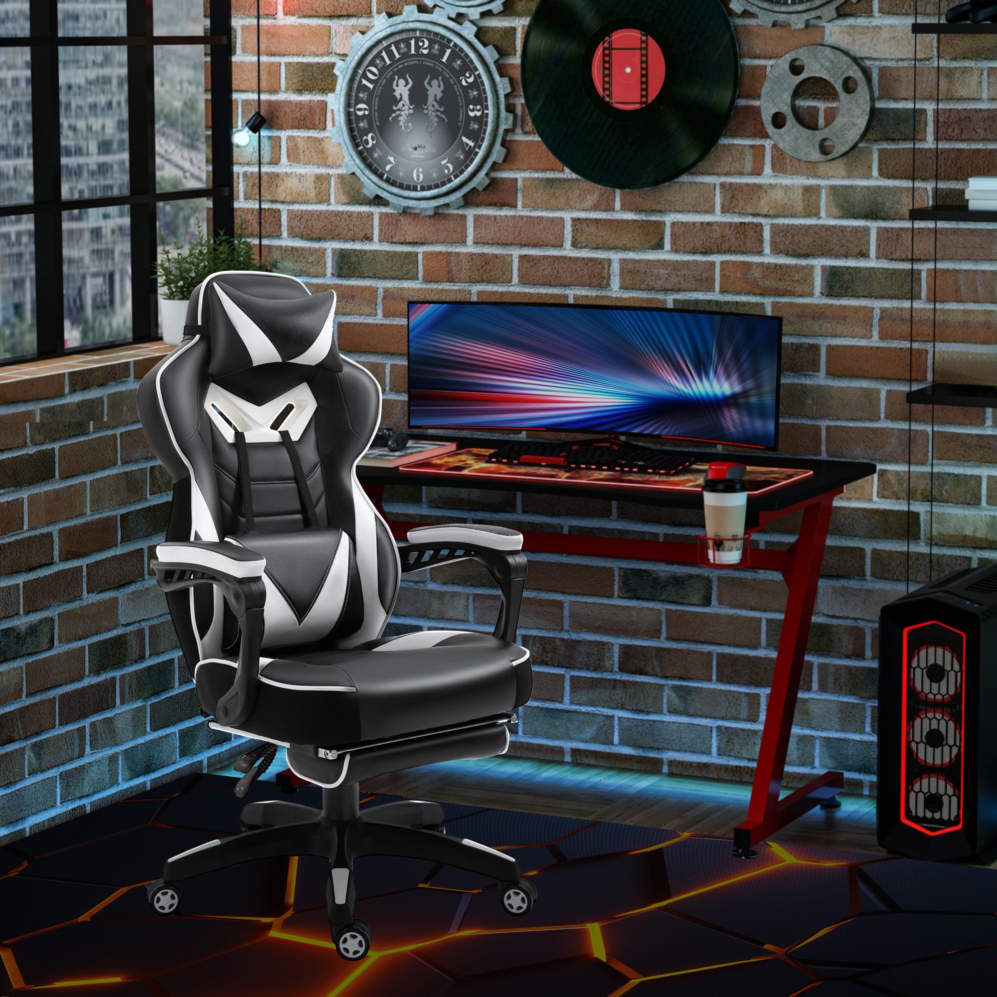 Vinsetto Computer Gaming Chair, Racing Desk Chair with Lumbar Support and Footrest, PU Leather Gamer Chair with Headrest and Swivel Wheels for Home, White - anydaydirect