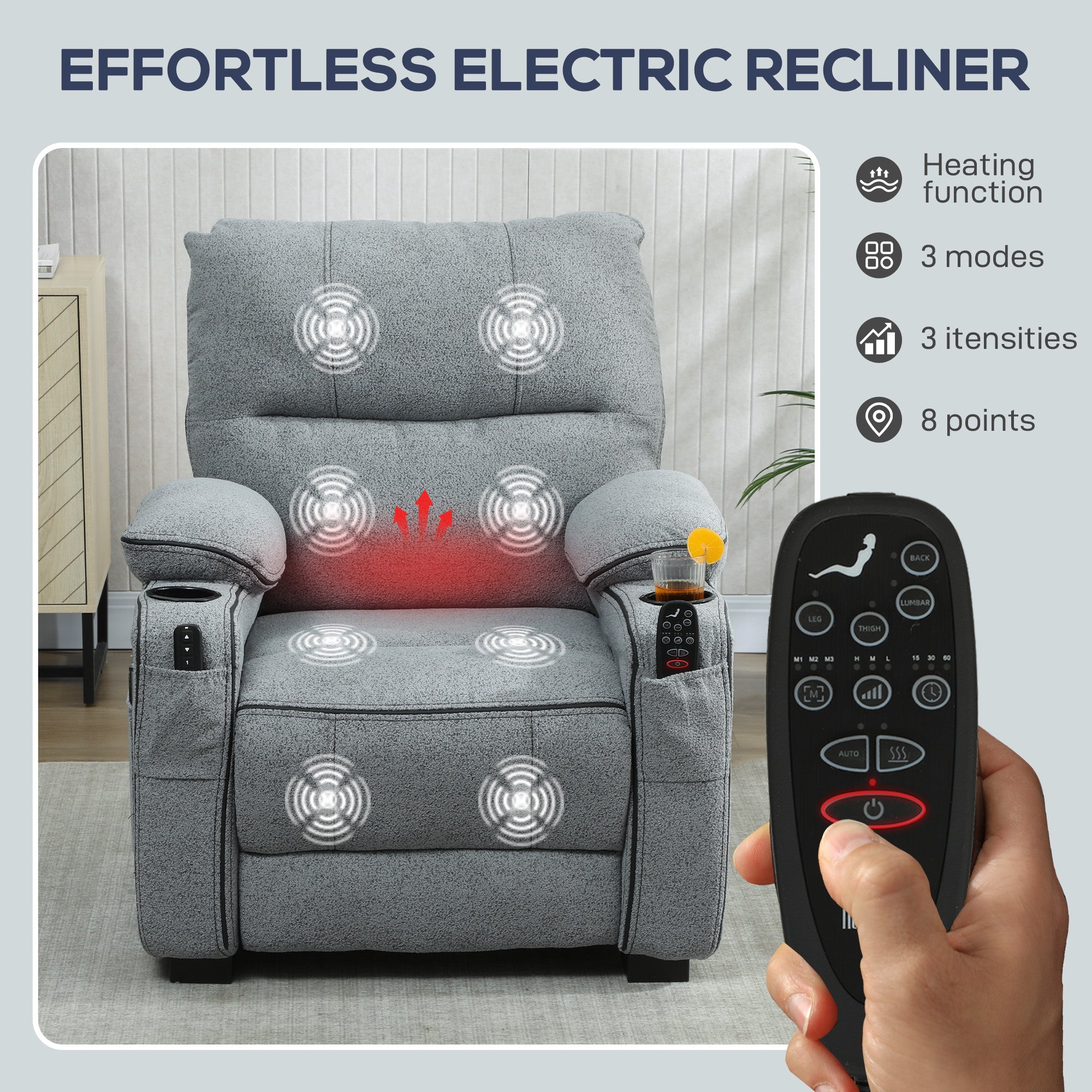 HOMCOM Electric Massage Recliner Armchair with Vibration, Heat, Whisper-Quiet Motor, Memory Function, Velvet Power Reclining Chair with Spring Pack, USB Port, Footrest, Side Pocket, Cup Holders, Grey - anydaydirect