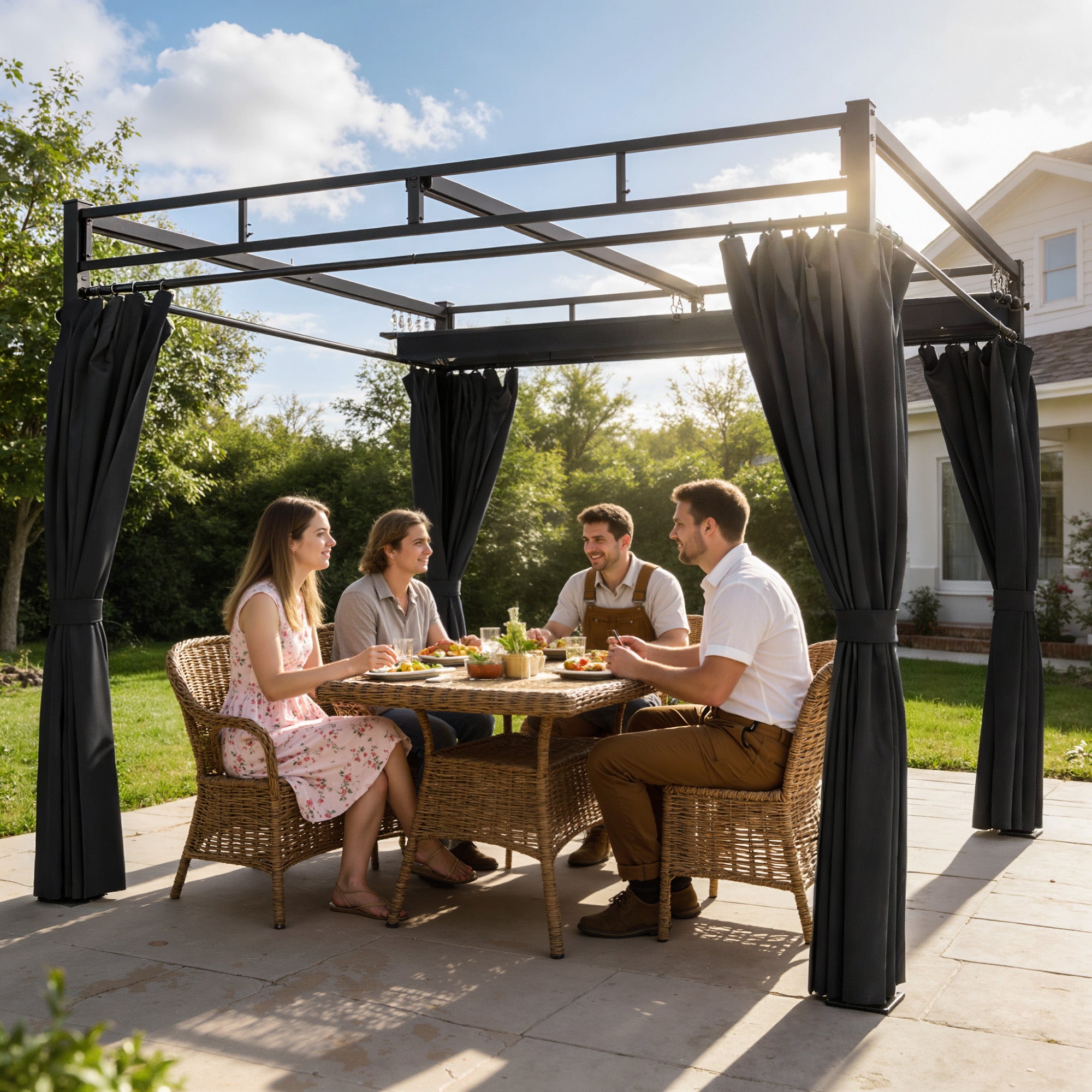 Outsunny 3 x 3 m Pergola with Retractable Roof Canopy and Curtains, UPF30+ Metal Frame Garden Pergola Gazebo Sun Shade, Dark Grey - anydaydirect
