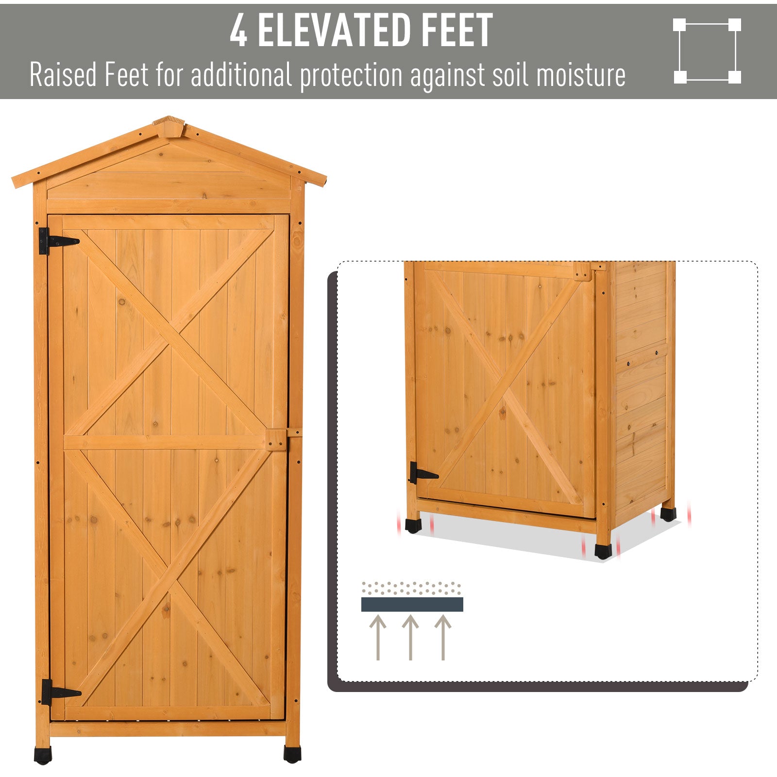 Outsunny Wooden Garden Cabinet 3-Tier Storage Shed 2 Shelves Lockable Organizer with Hooks Foot Pad 74 x 55 x 155cm Dark Yellow - anydaydirect