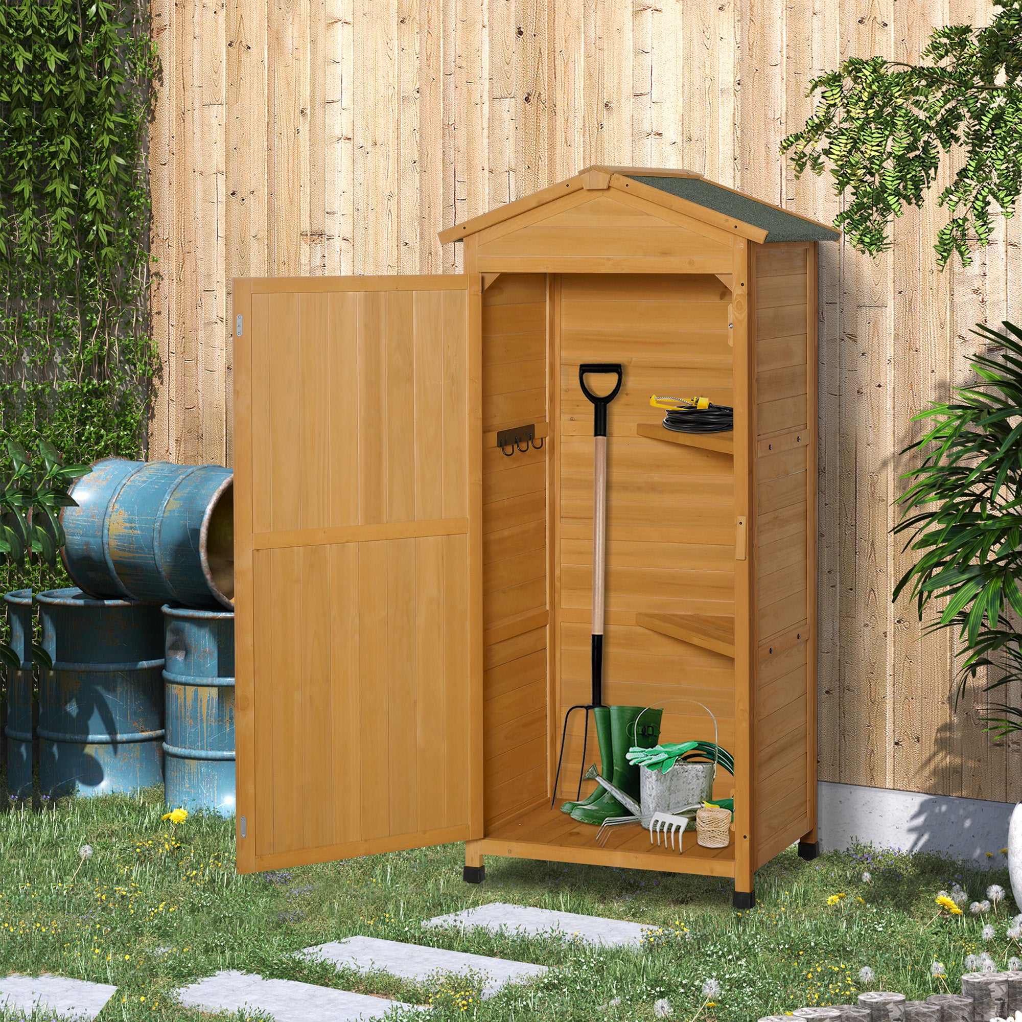 Outsunny Wooden Garden Cabinet 3-Tier Storage Shed 2 Shelves Lockable Organizer with Hooks Foot Pad 74 x 55 x 155cm Dark Yellow - anydaydirect