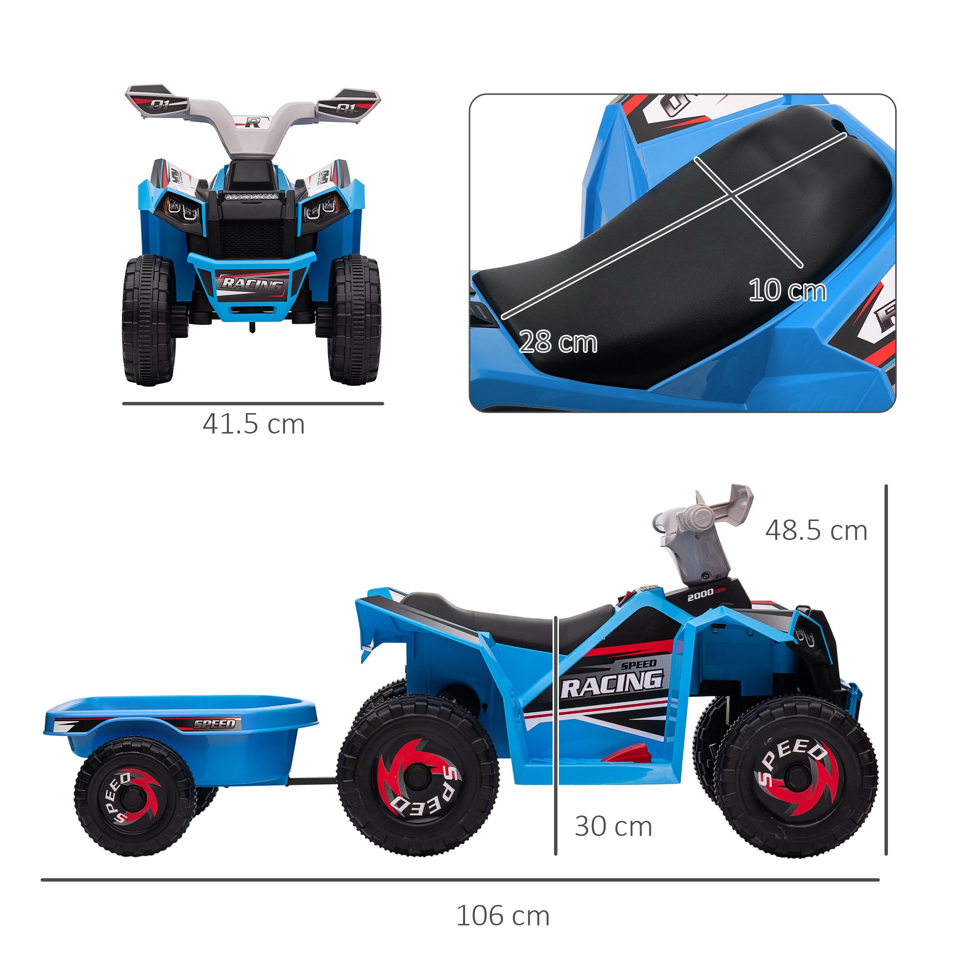 HOMCOM Electric Quad Bike for Toddlers, 6V with Back Trailer, Wear-Resistant Wheels, Suitable for 18-36 Months, Blue - anydaydirect