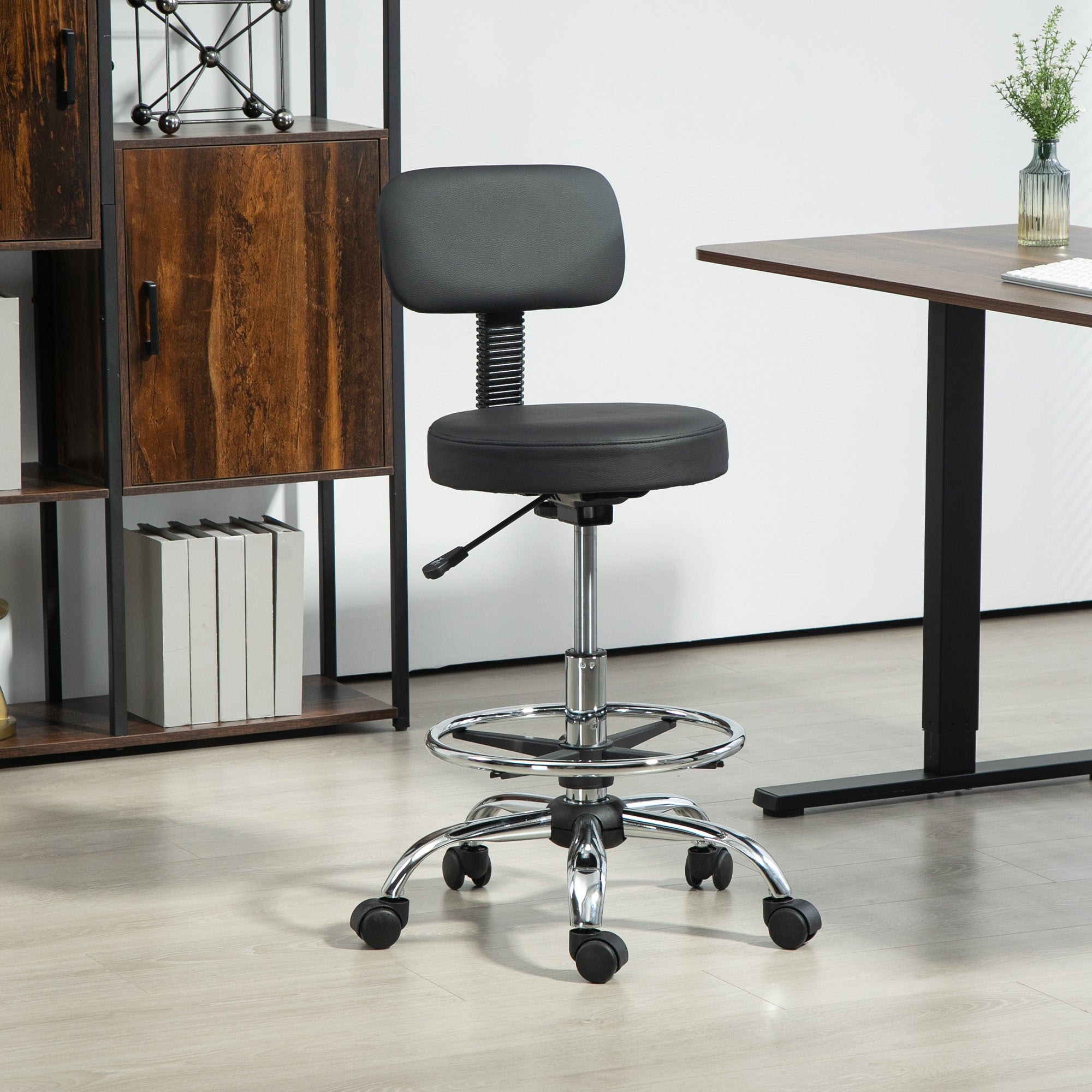 HOMCOM Drafting Chair, Office Chair with Backrest and Adjustable Footrest, Height Adjustable Stool, Leather Padded Rolling Task Chair for Home Office, Black - anydaydirect