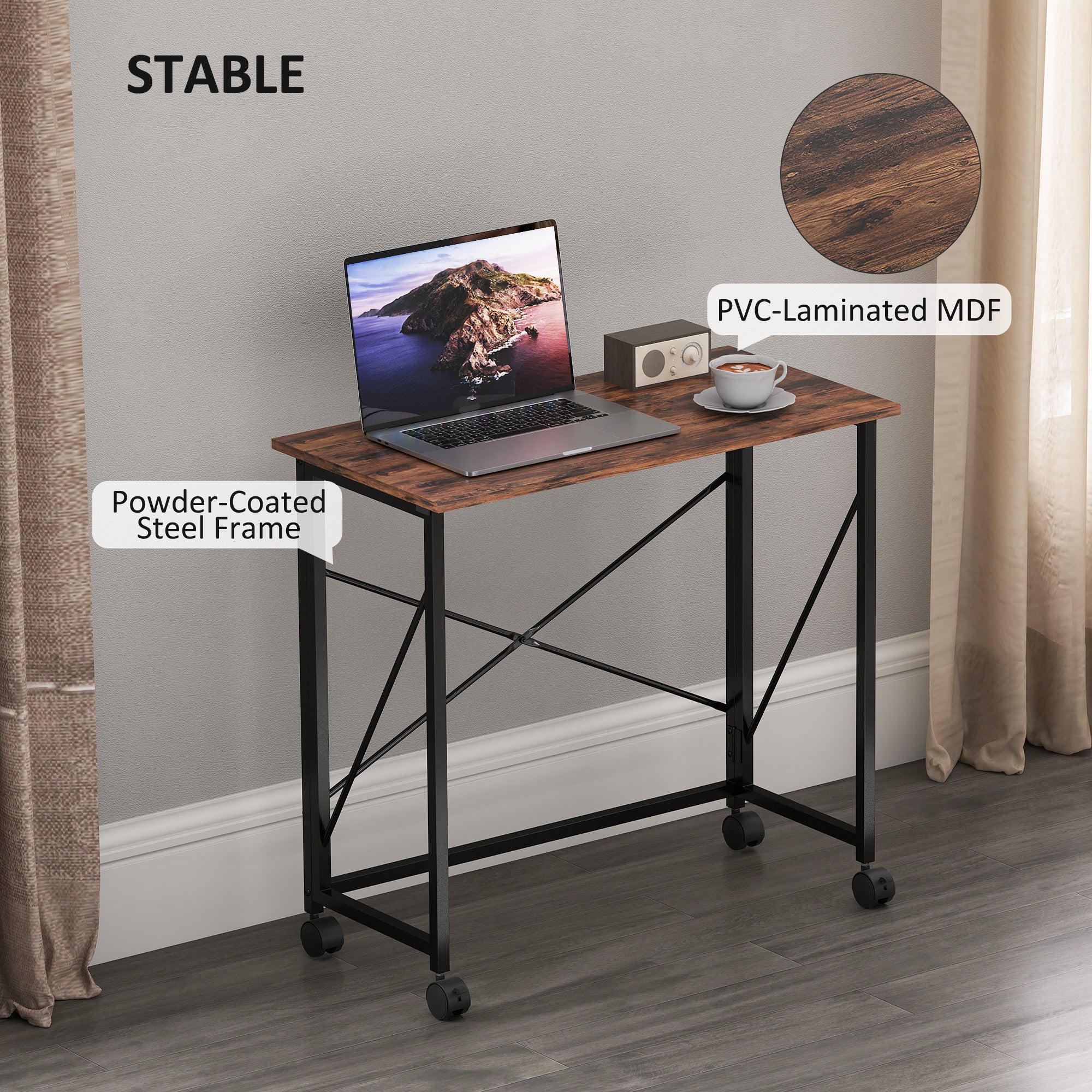 HOMCOM 80 cm Folding Desk on Wheels - Rustic Brown - anydaydirect