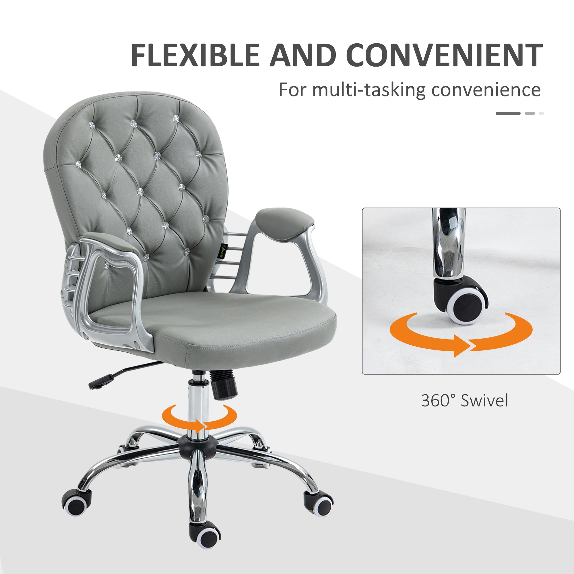 Vinsetto Office Chair Ergonomic 360° Swivel PU Diamante Padded Base 5 Castor Wheels for Home Work Grey - anydaydirect