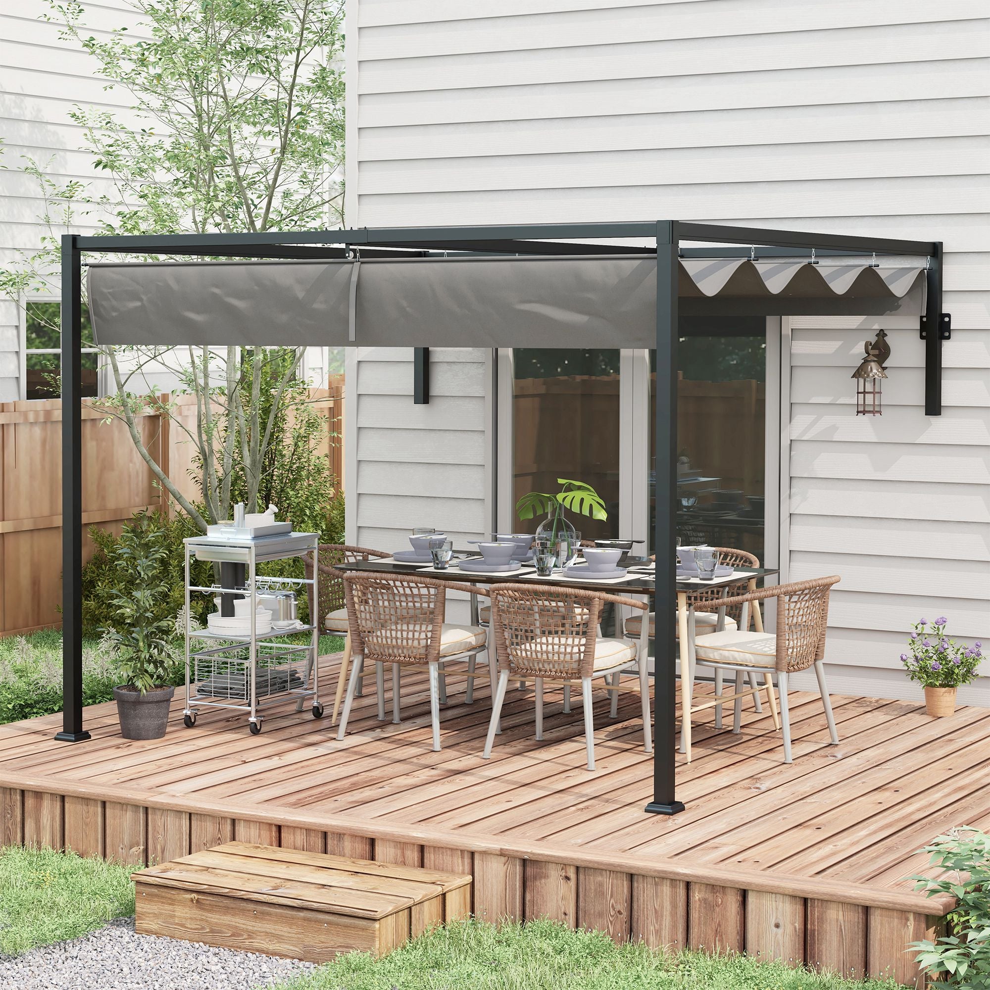 Outsunny 2 x 3(m) Lean To Steel Pergola, with Moving Fabric Canopy - Dark Grey - anydaydirect