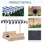 Outsunny Kids Wooden Sand Pit with Lids Children Sandbox Height Adjustable Canopy for Garden, Convertible Bench Seat Outdoor Backyard Playset, Blue and White Canopy - anydaydirect