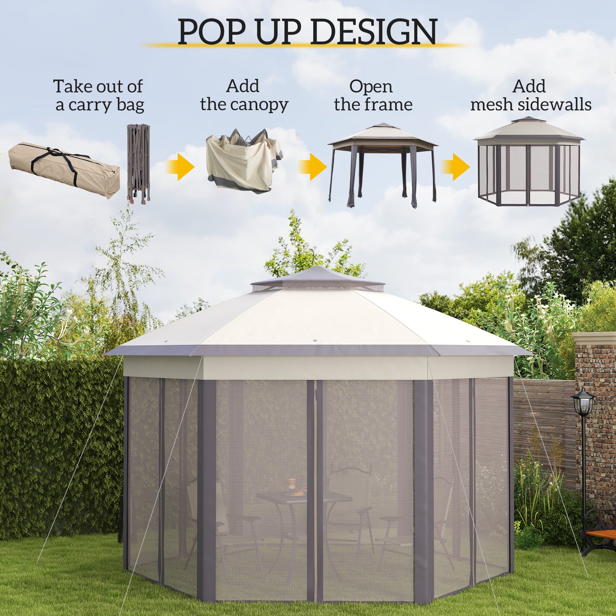 Outsunny 3 x 4m Garden Gazebo Hexagon Pop Up Party Tent Canopy Double Roof Instant Shelter with Netting and Carry Bag for Outdoor Patio, Beige - anydaydirect