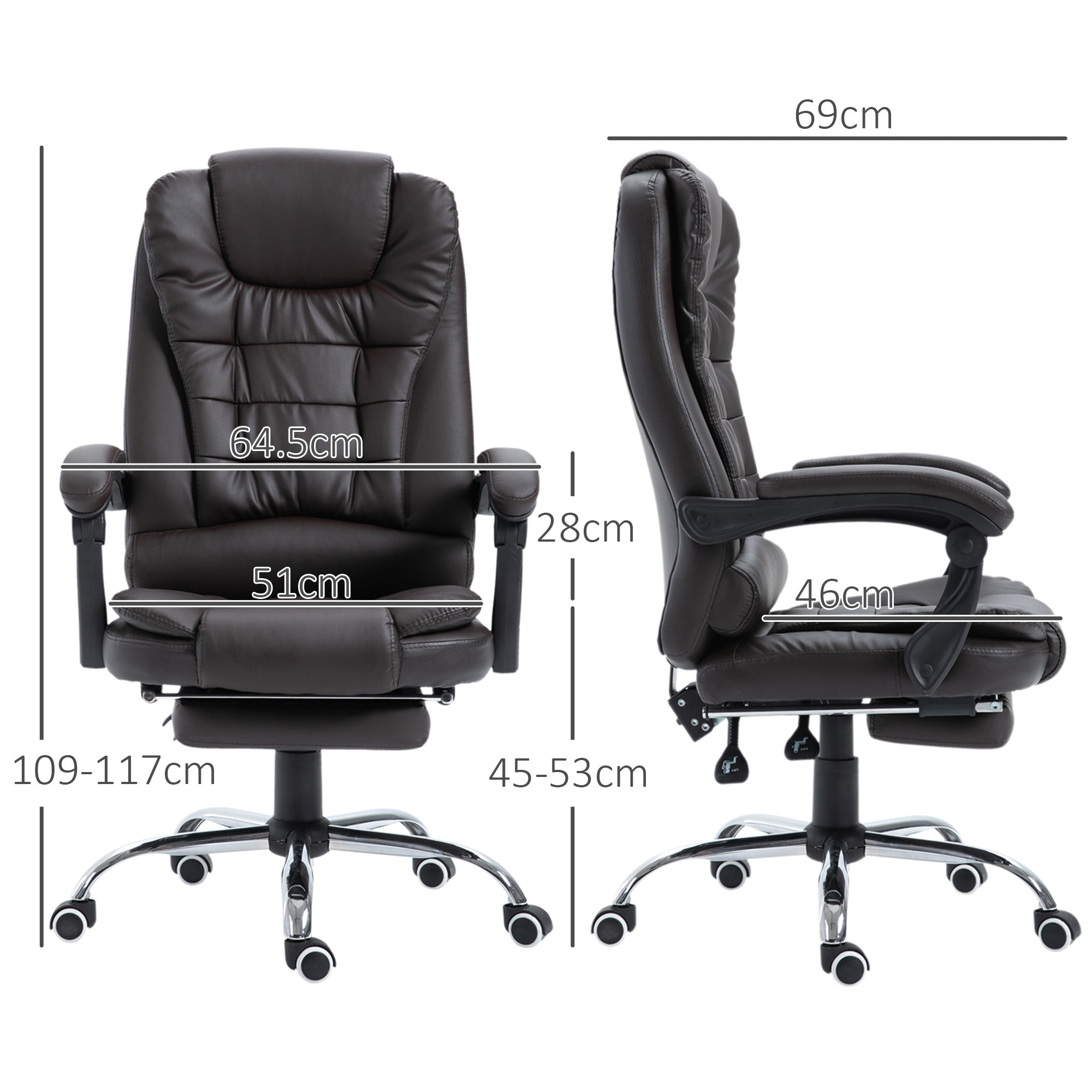 HOMCOM PU Leather Executive Office Chair, High Back Swivel Chair with Retractable Footrest, Adjustable Height, Reclining Function, Brown - anydaydirect