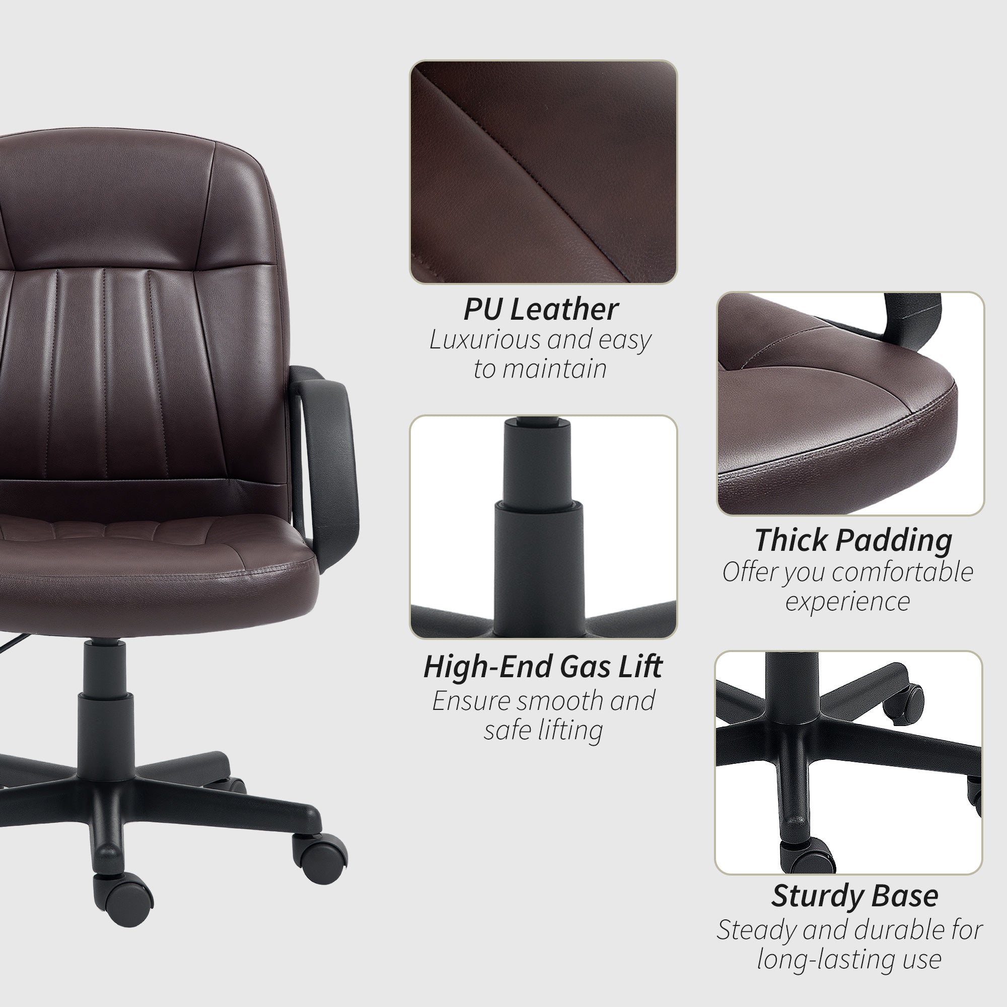HOMCOM Swivel Executive Chair PU Leather Computer Desk Chair, Dark Brown - anydaydirect