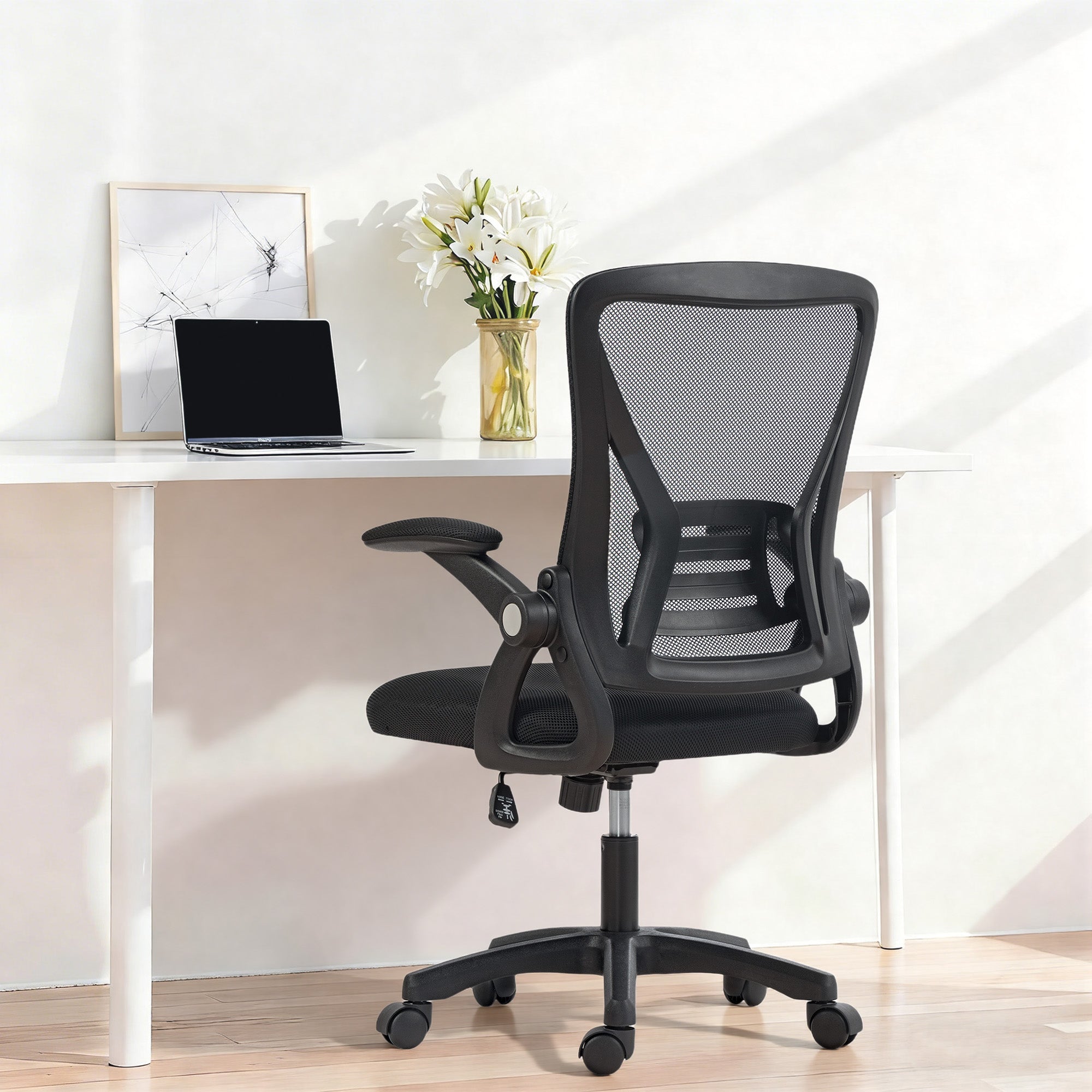 HOMCOM Office Chair, Mesh Desk Chair with Flip-up Armrests, Lumbar Support, Adjustable Height, Black - anydaydirect