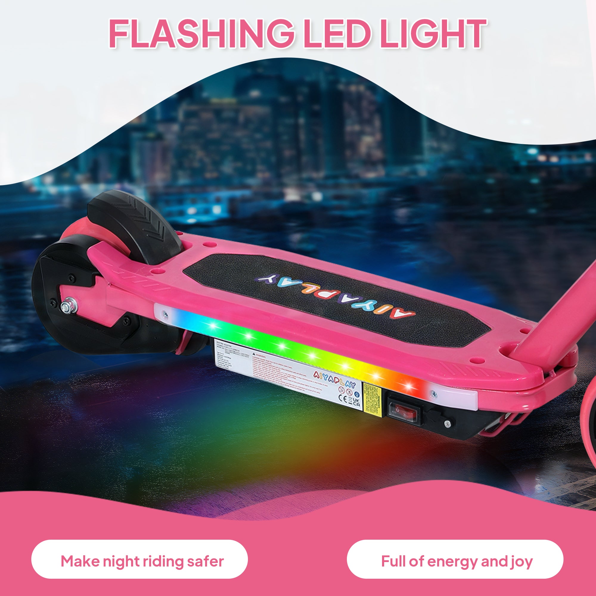 AIYAPLAY Electric Scooter for Ages 6-14, with Colourful Light and Electric Brake, Electric Scooter E Scooter, Up to 10 KM/H & 8 KM, Pink - anydaydirect