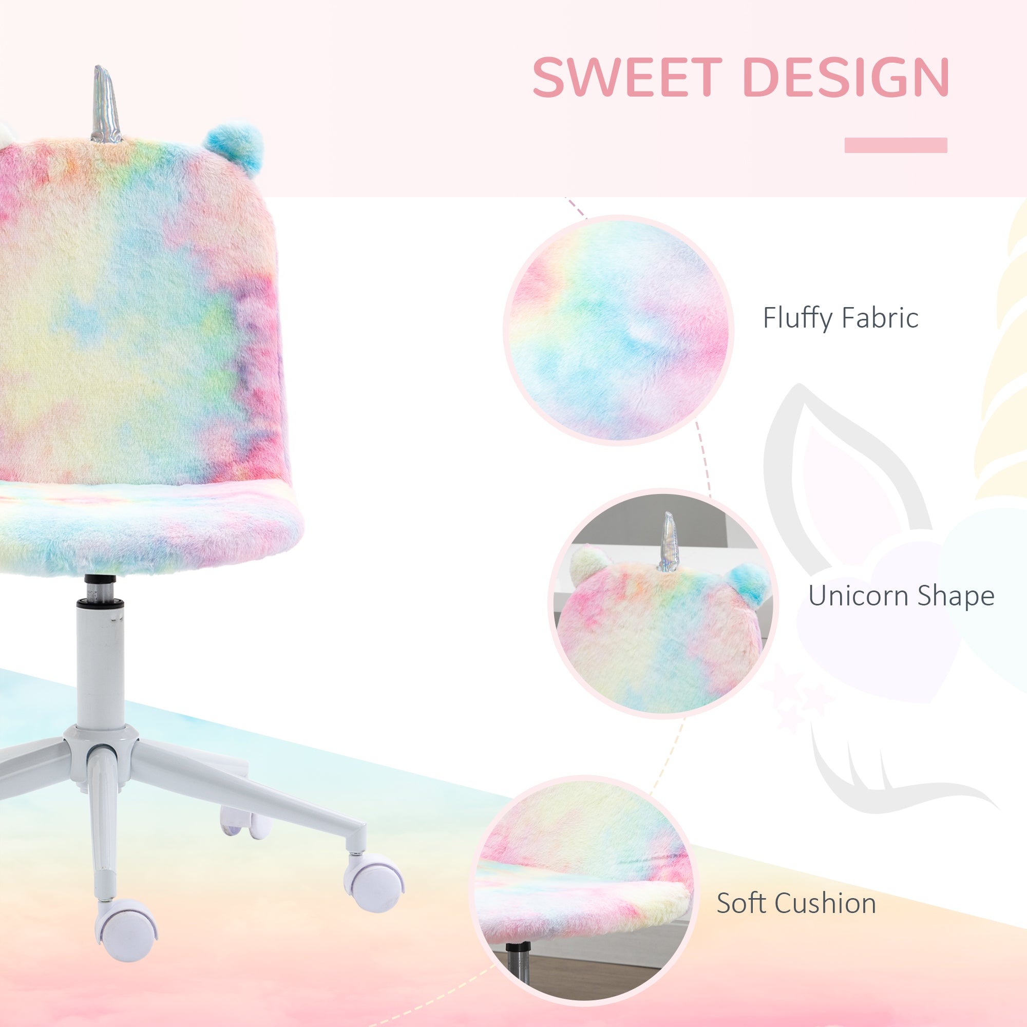 Vinsetto Fluffy Unicorn Office Chair with Mid-Back and Swivel Wheel, Cute Desk Chair, Rainbow Multi-Colored - anydaydirect