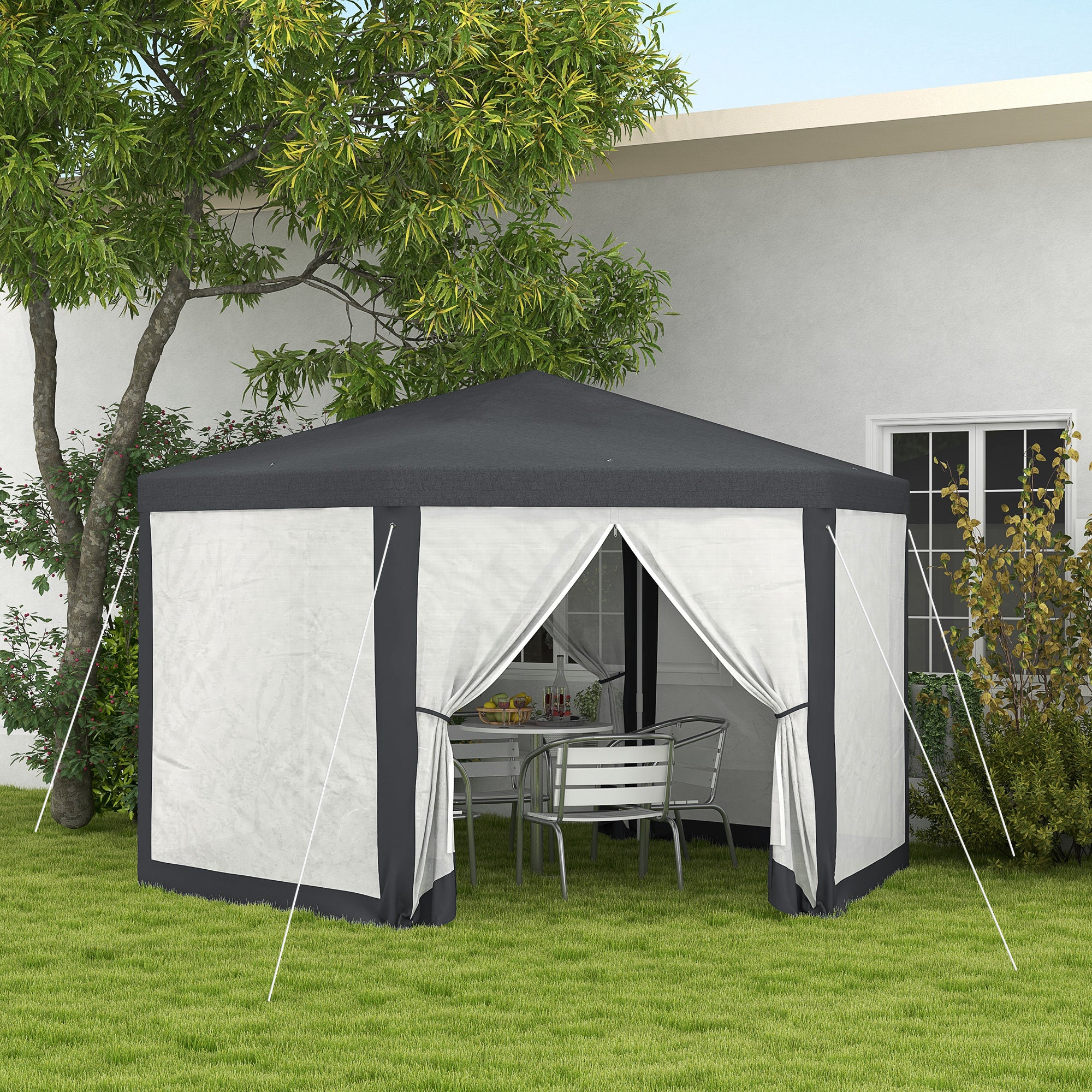 Outsunny 4M Hexagon Gazebo, Netting Party Tent, Patio Canopy Outdoor Event Shelter for Activities, Shade Resistant, Dark Grey - anydaydirect