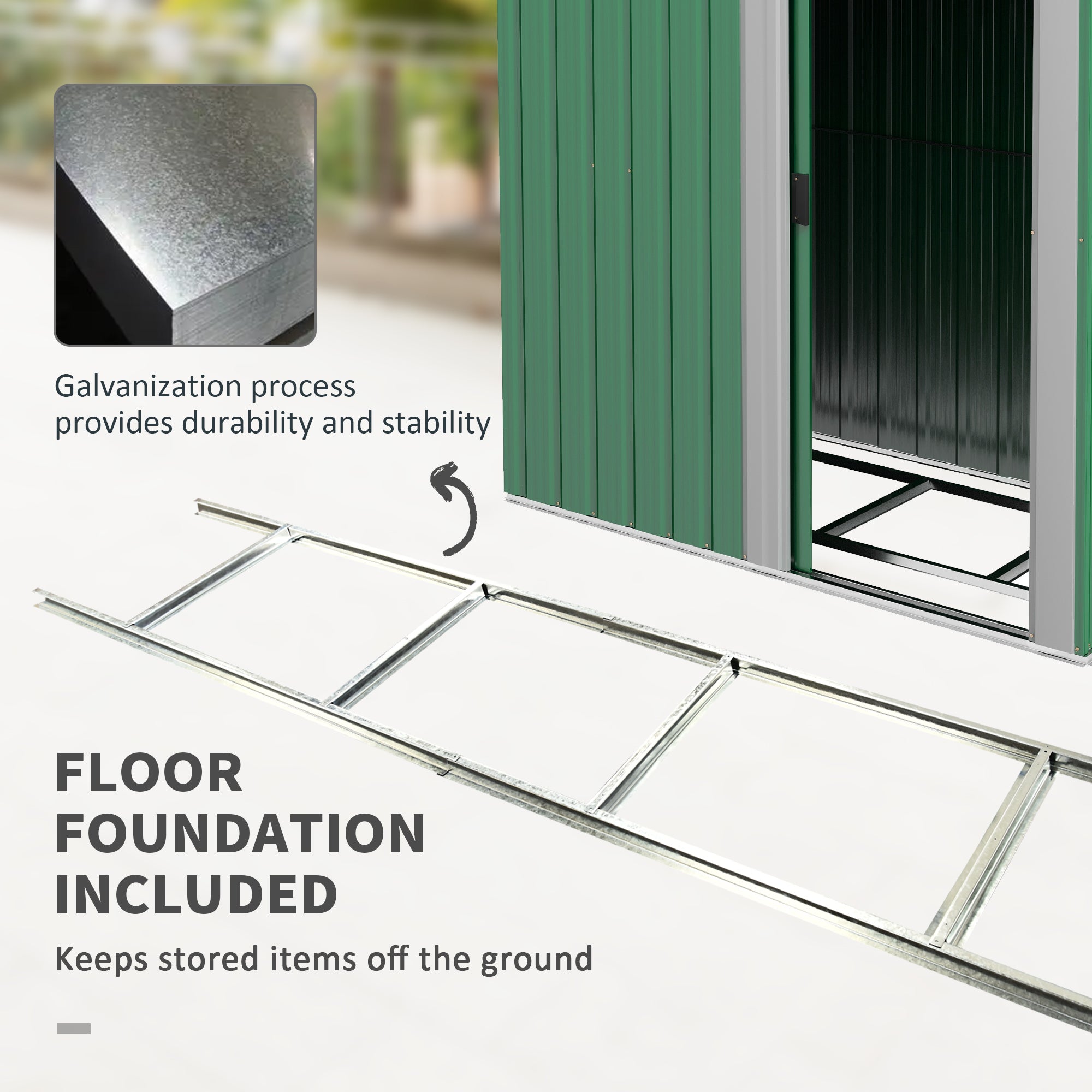 Outsunny Garden Metal Tool Storage Shed with Sliding Door, Sloped Roof and Floor Foundation, 152 x 132 x 188cm, Green - anydaydirect