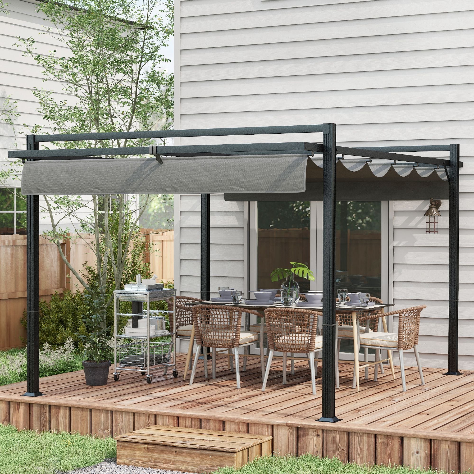 Outsunny 3 x 4m Retractable Pergola, Garden Gazebo Shelter with Aluminium Frame, for Grill, Patio, Deck, Dark Grey - anydaydirect