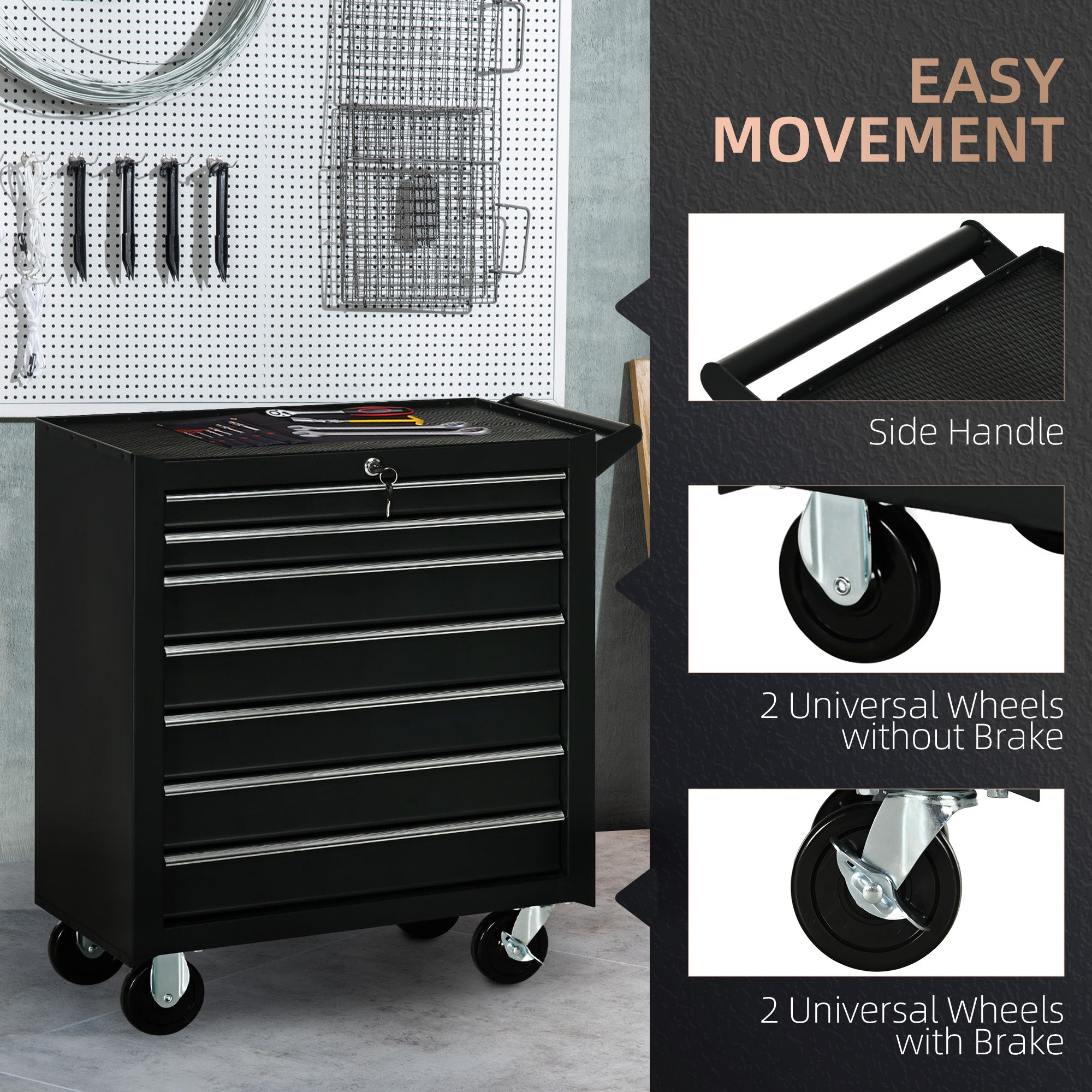DURHAND 7-Drawer Rolling Tool Chest on Wheels, Lockable Tool Cabinet with Side Handle, Metal Tool Box Trolley for Garage, Workshop, Matte Black - anydaydirect