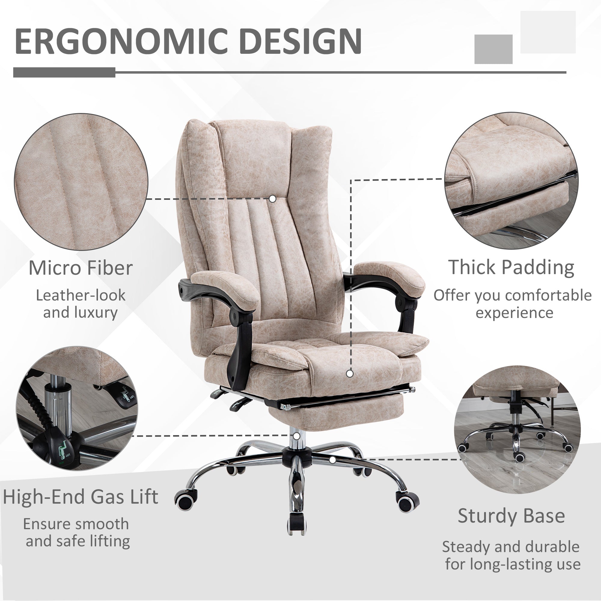 Vinsetto Home Office Chair Microfibre Desk Chair with Reclining Function Armrests Swivel Wheels Footrest Beige - anydaydirect