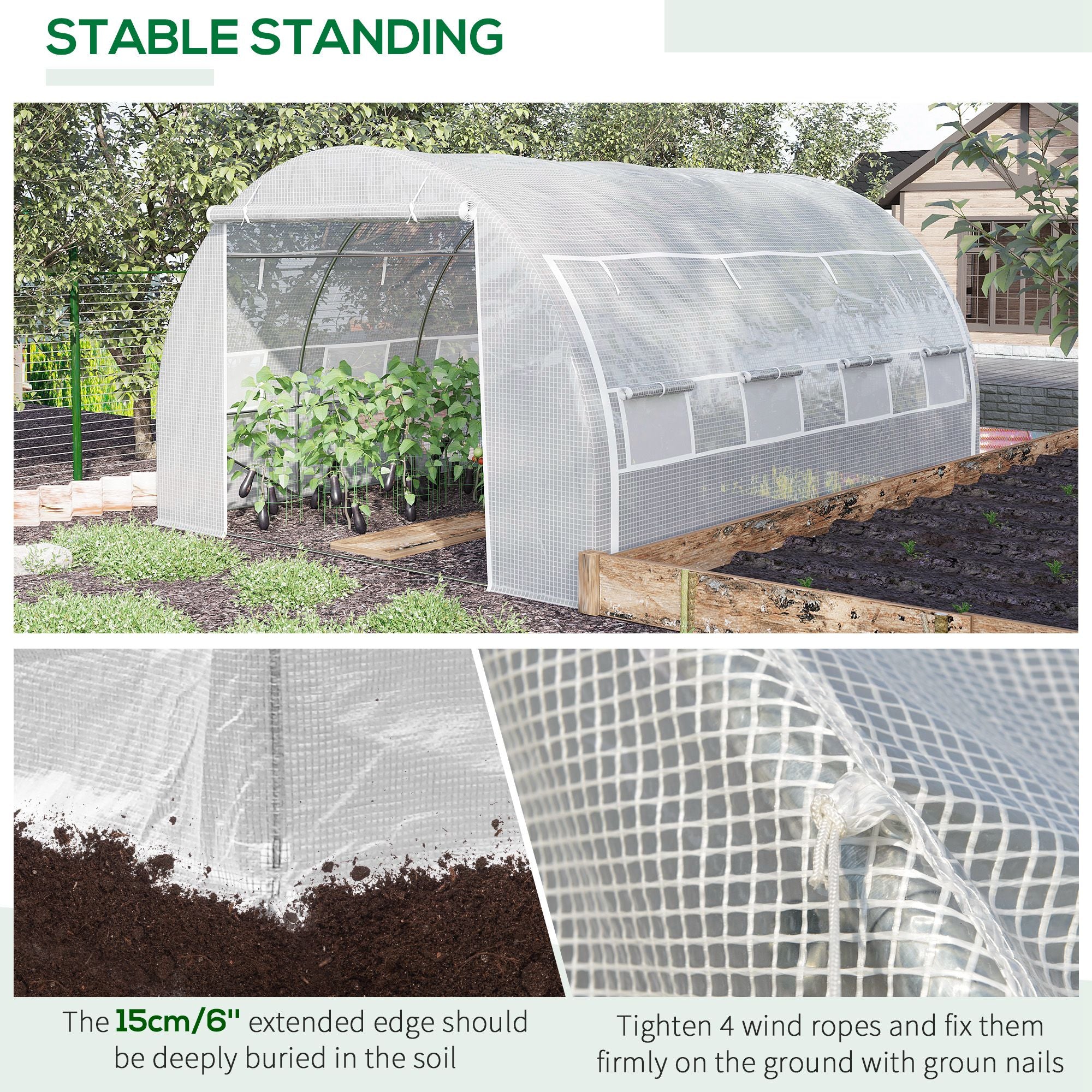 Outsunny 4 x 3 x 2 m Polytunnel Greenhouse with Roll-up Side Walls, Walk-in Grow House Tent with Steel Frame, Reinforced Cover, Zipped Door and 12 Mesh Windows for Garden, White - anydaydirect