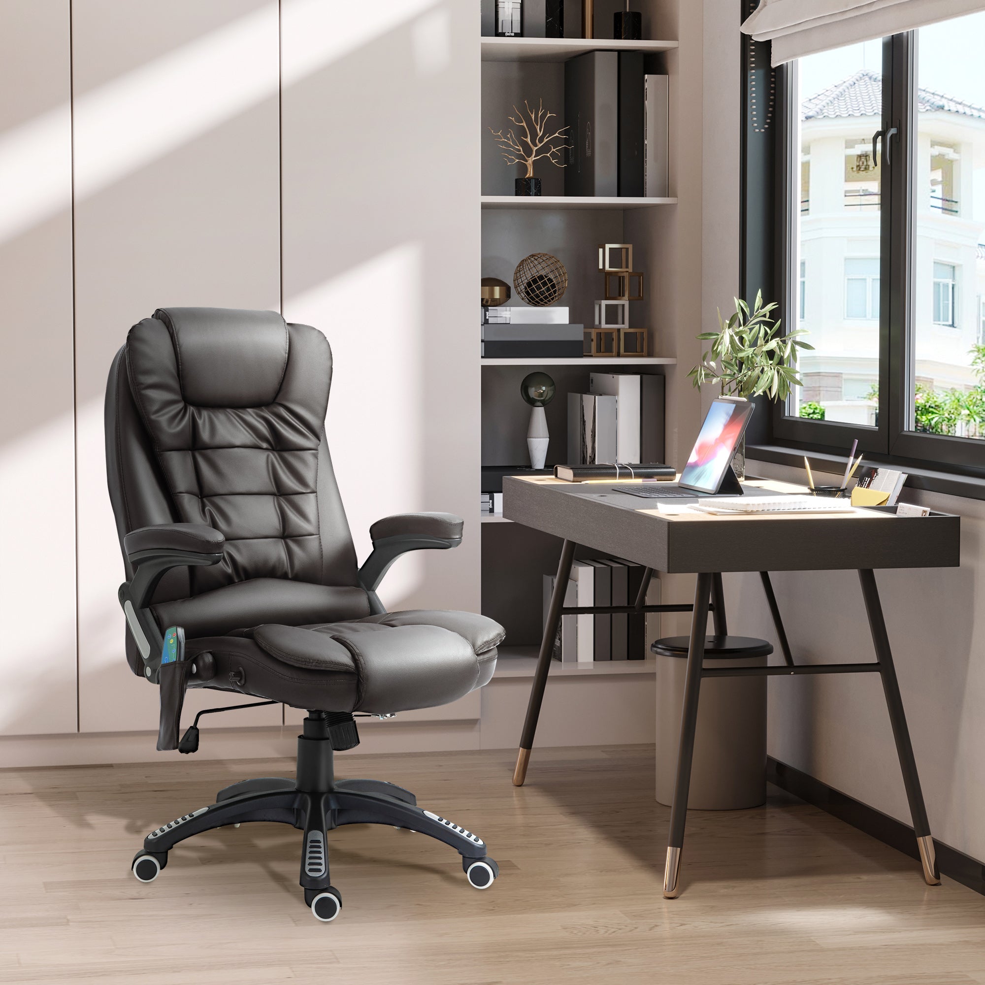 HOMCOM Executive Office Chair with Massage and Heat, High Back PU Leather Massage Office Chair with Adjustable Height, Brown - anydaydirect