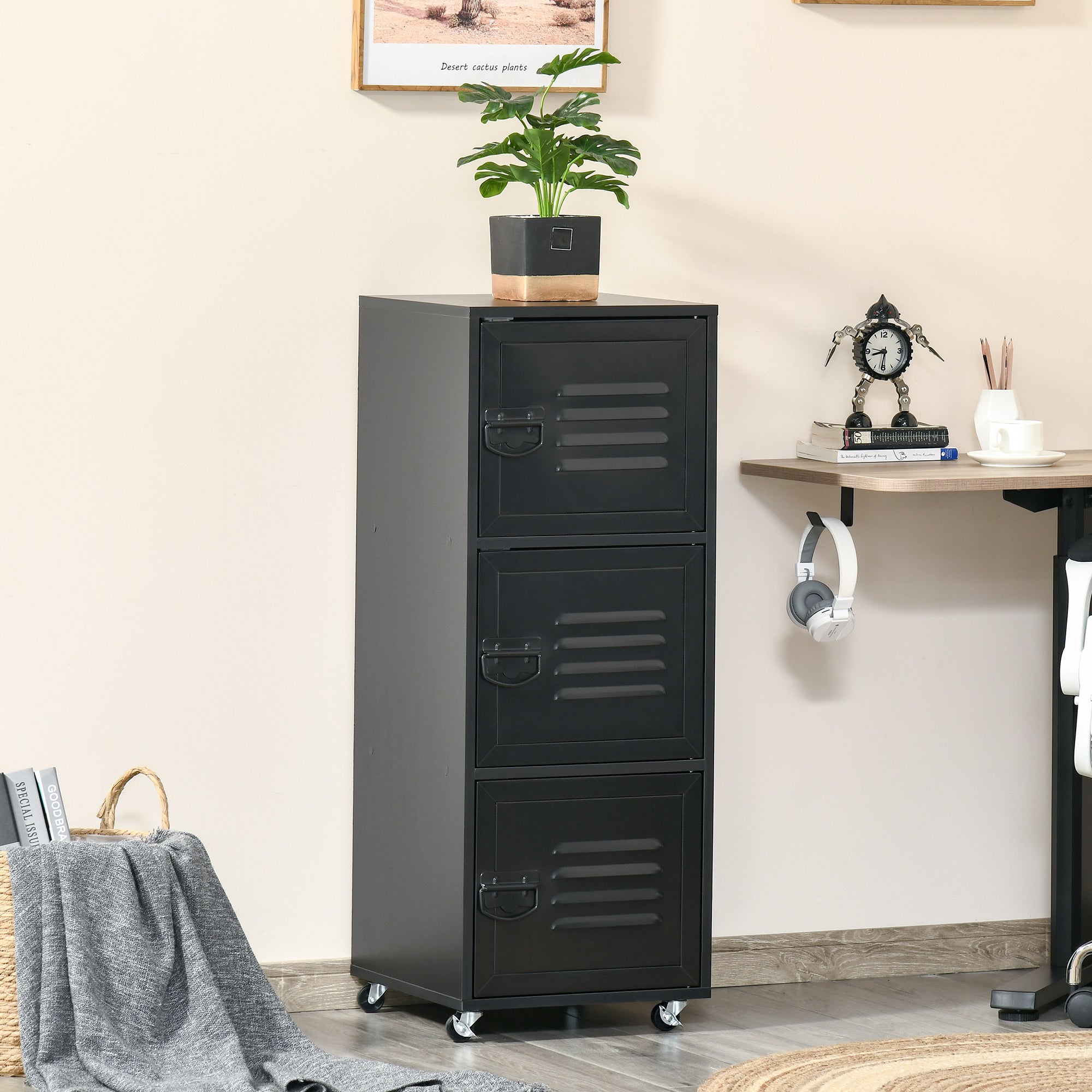 HOMCOM Rolling Storage Cabinet 3-Tier Mobile File Cabinet with Wheels & Metal Doors for Home Office, Living Room, Black - anydaydirect