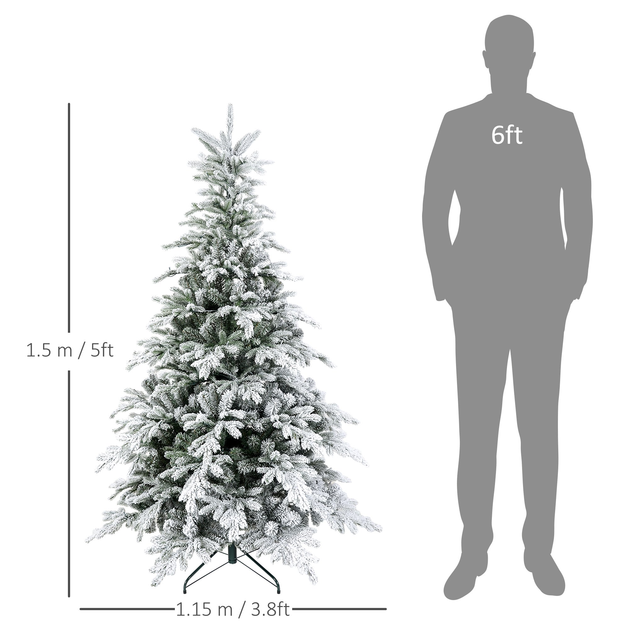 HOMCOM 5ft Prelit Snow Flocked Artificial Christmas Tree with Warm White LED Light and 931 Tips, Metal Base, Snowy Realistic Xmas Tree - anydaydirect