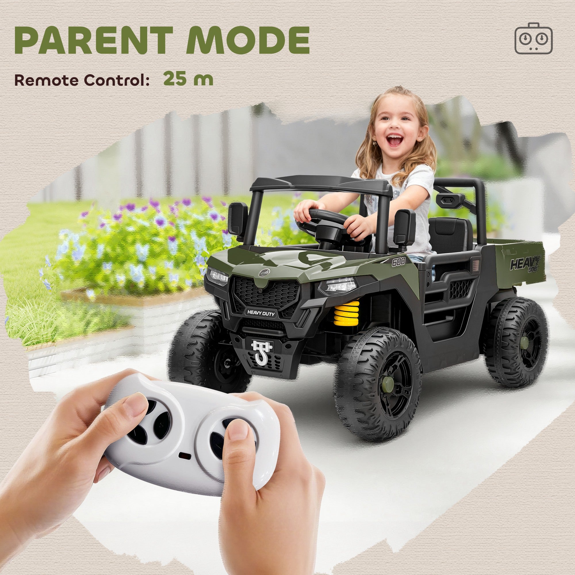 AIYAPLAY Kids Ride on Car, 12V Electric Kids UTV with Electric Dump Bed, 4-Wheel Suspension for 3-8 Years, Green - anydaydirect