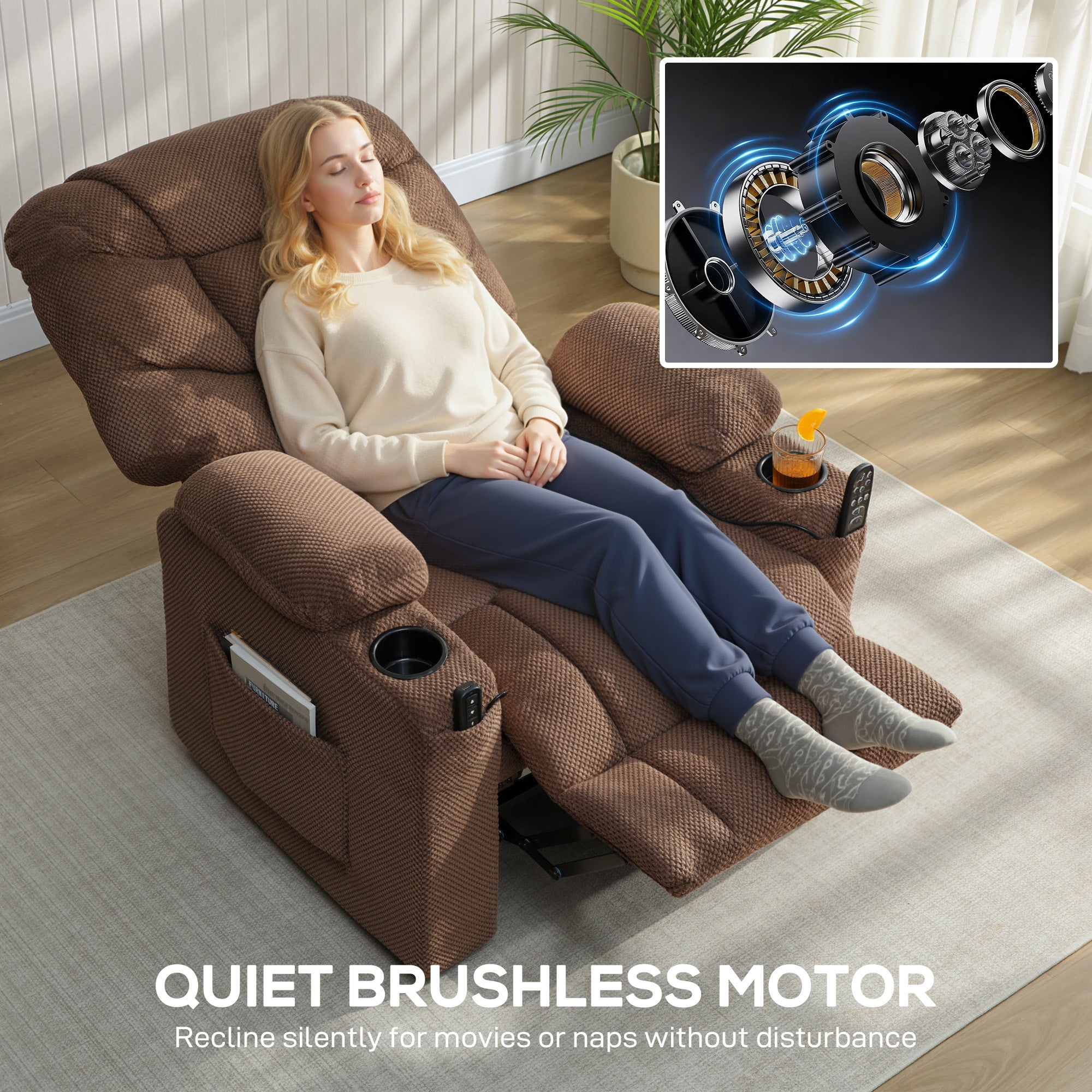 HOMCOM Electric Massage Recliner Armchair with Vibration, Heat, Whisper-Quiet Motor, Memory Function, Fleece Power Reclining Chair with Spring Pack, USB Port, Footrest, Side Pocket, Cup Holders, Brown - anydaydirect