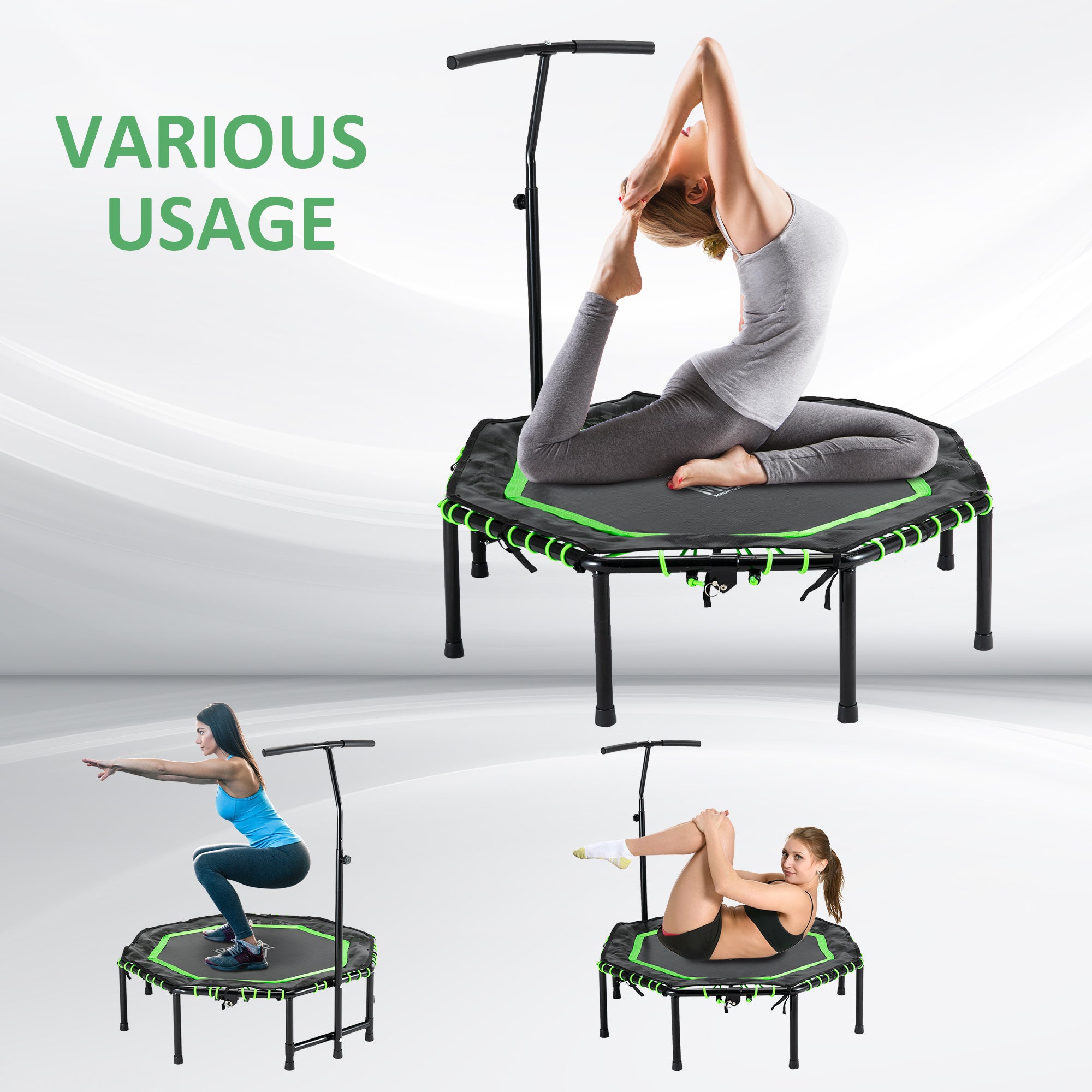 HOMCOM 48" Octagonal Mini Fitness Rebounder Trampoline Indoor Outdoor Foldable Mini Jumper with Adjustable Handle, Green - anydaydirect